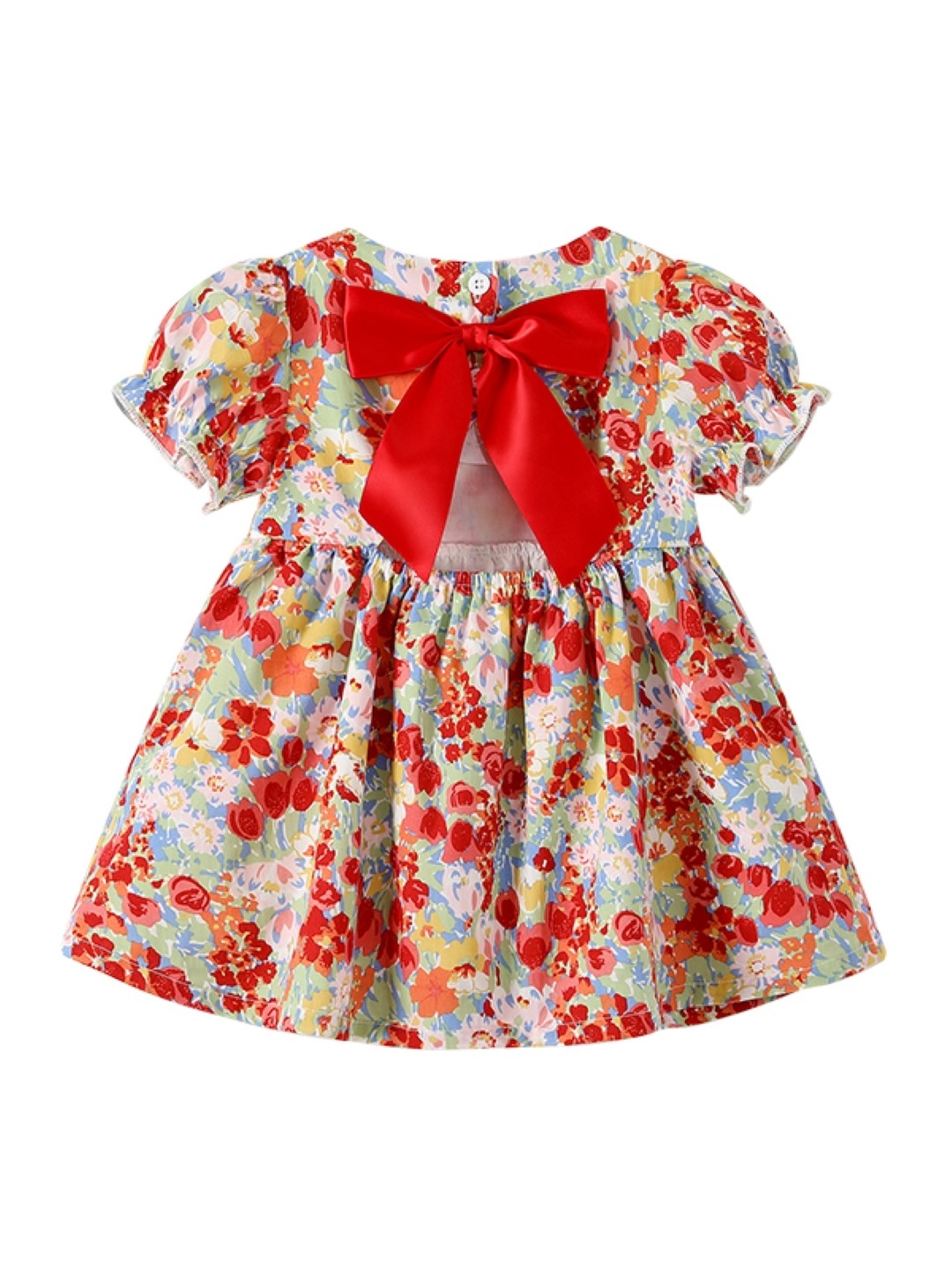 Red A-Line Round Neck Floral Short Sleeves Cotton Dress