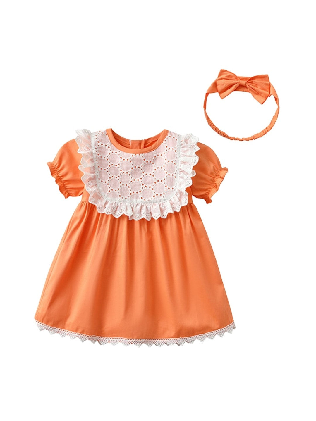 Orange A-Line Round Neck Solid Short Sleeves Cotton Dress