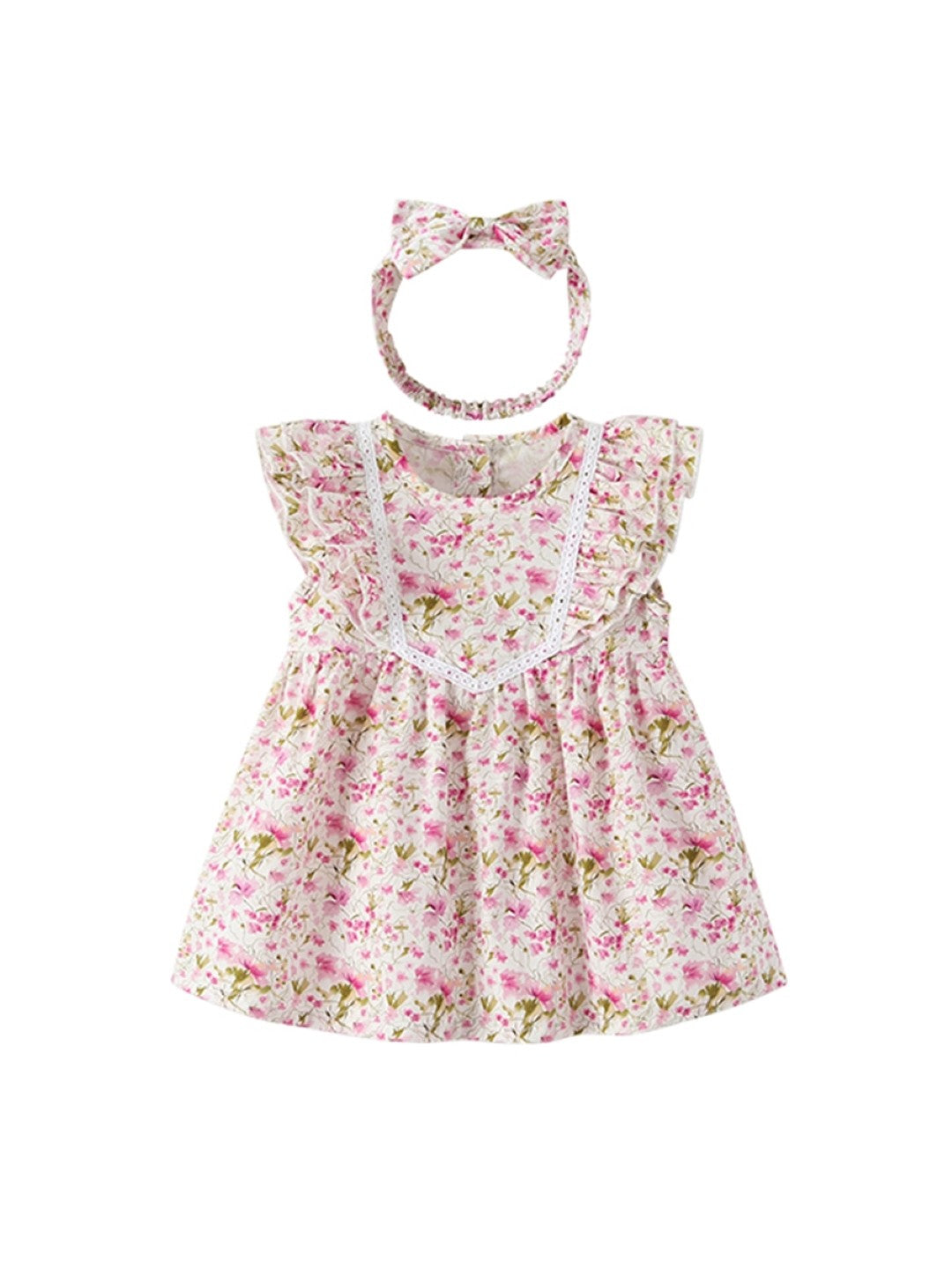 Pink A-Line Round Neck Floral Sleeveless Cotton Dress