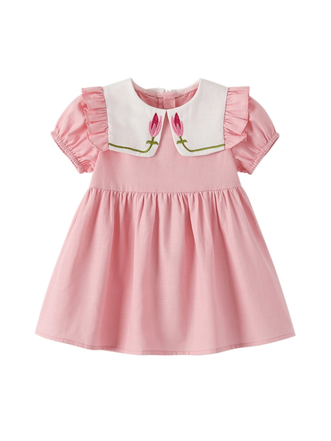 Pink A-Line Round Neck Solid Short Sleeves Cotton Dress