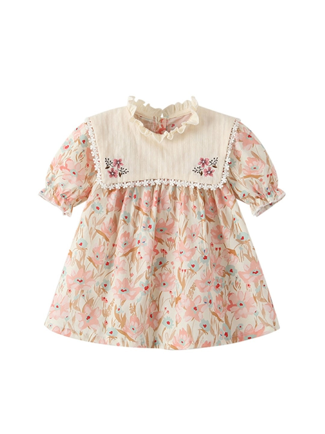 Pink A-Line Round Neck Floral Short Sleeves Cotton Dress