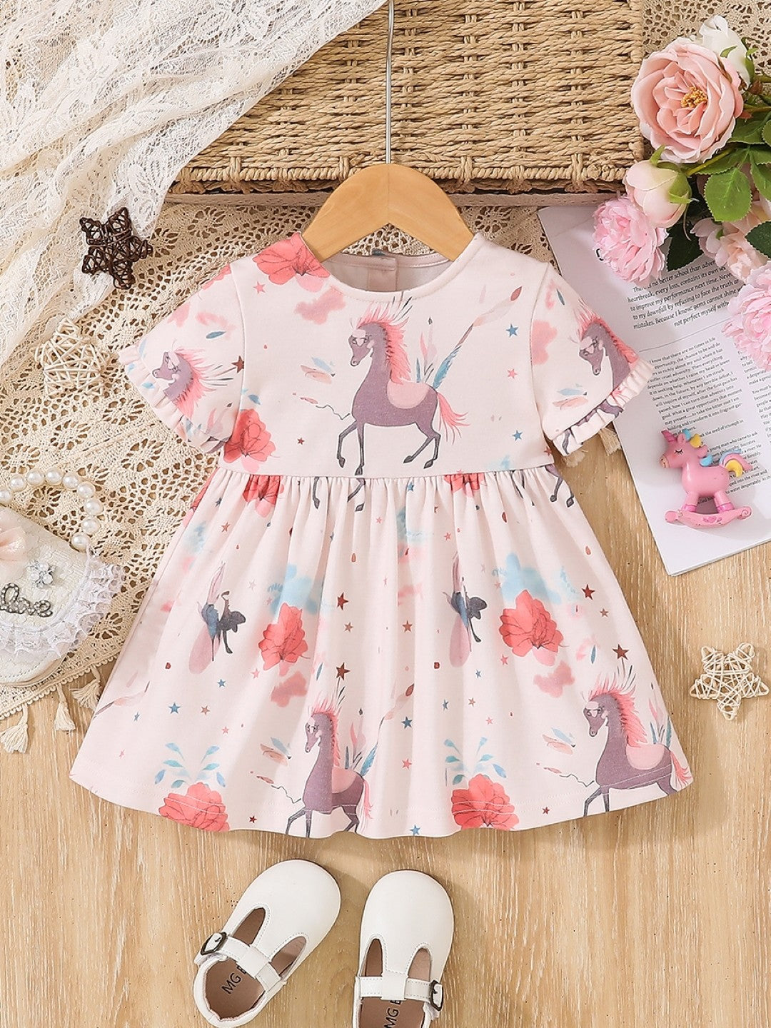 Pink A-Line Round Neck Floral Short Sleeves Cotton Dress