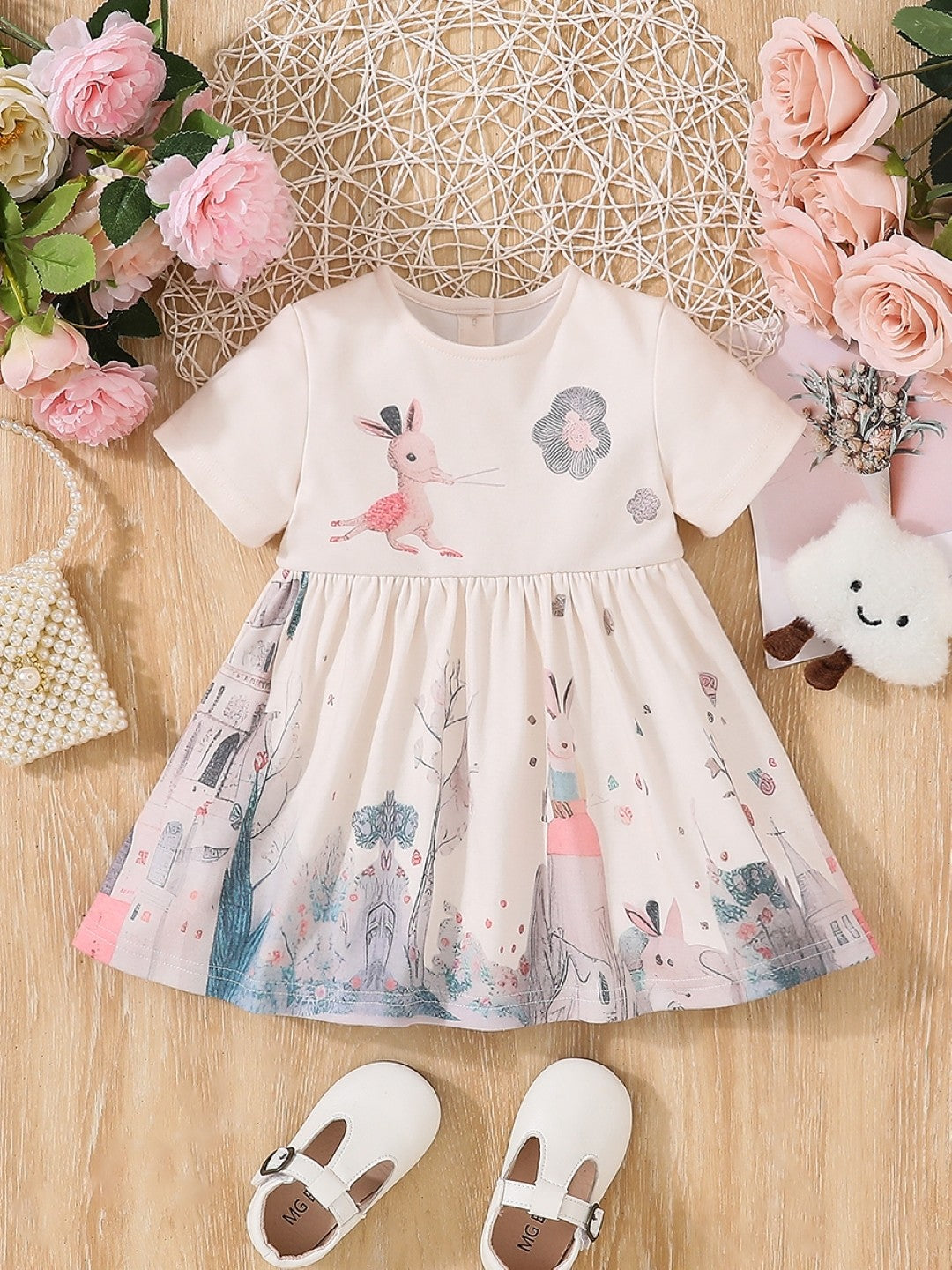 Pink A-Line Round Neck Floral Short Sleeves Cotton Dress