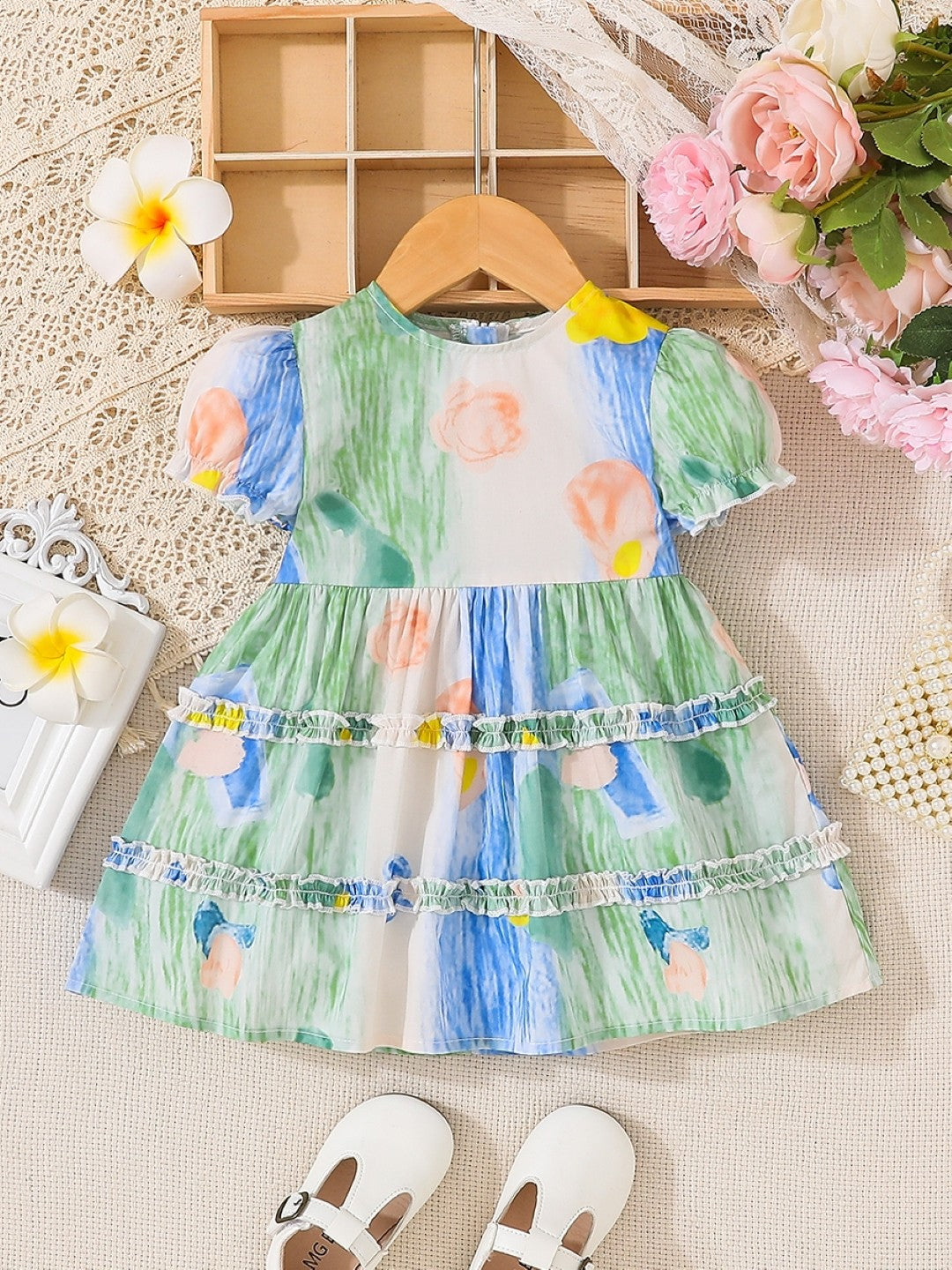 Green A-Line Round Neck Floral Short Sleeves Polyester Dress