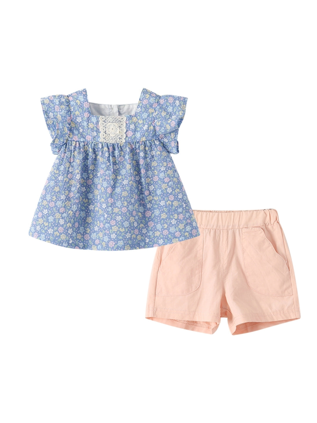 Blue Round Neck Short Sleeves Printed Top & Shorts Pure Cotton Set