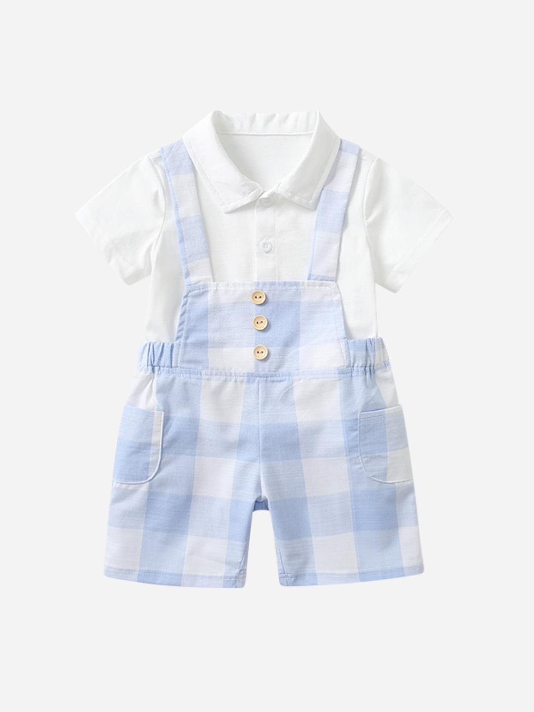 Blue Shirt Collar Short Sleeves Solid Top & Shorts Pure Cotton Set