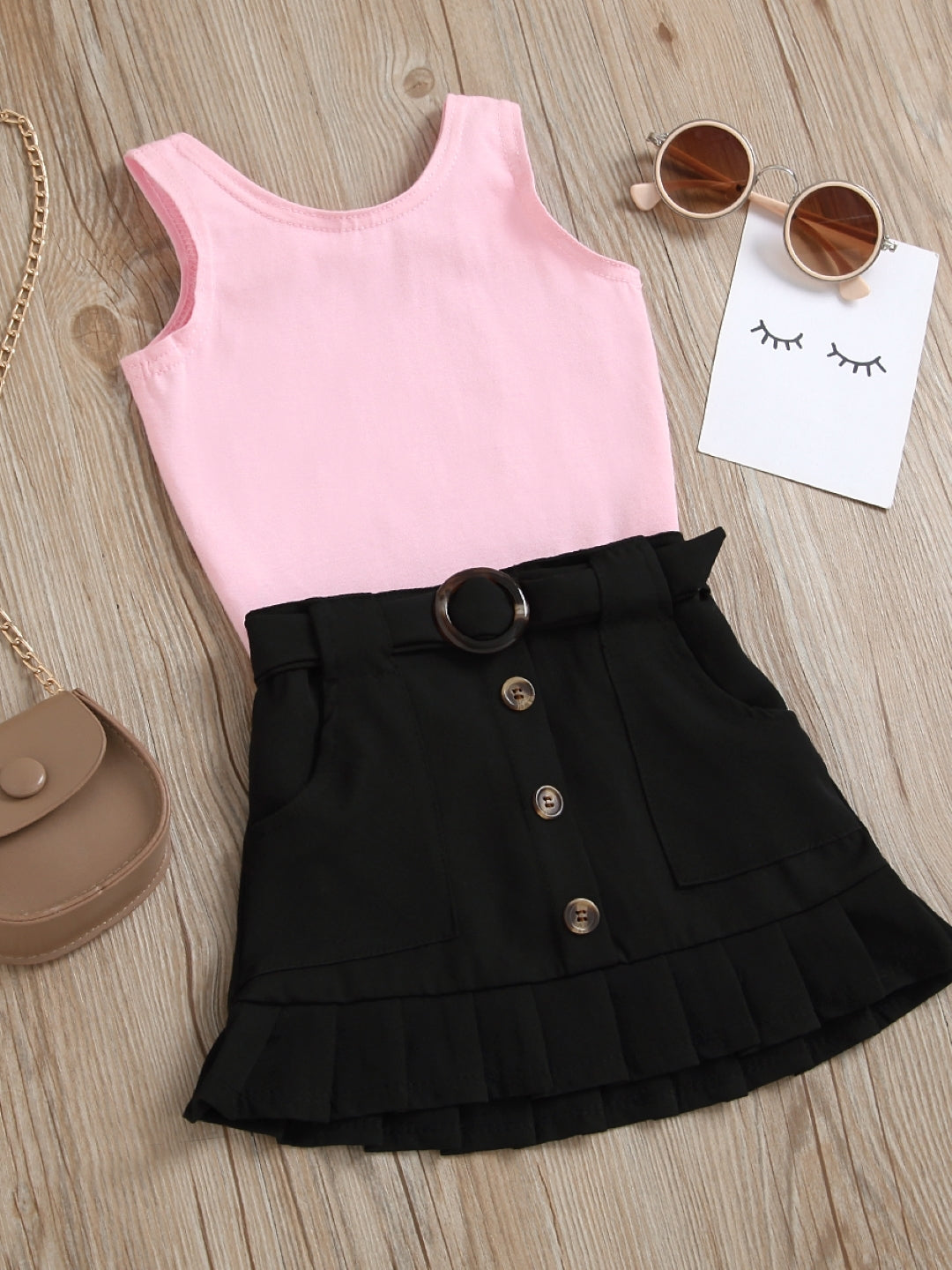 Pink Round Neck Sleeveless Solid Top & Skirt Polyester Set