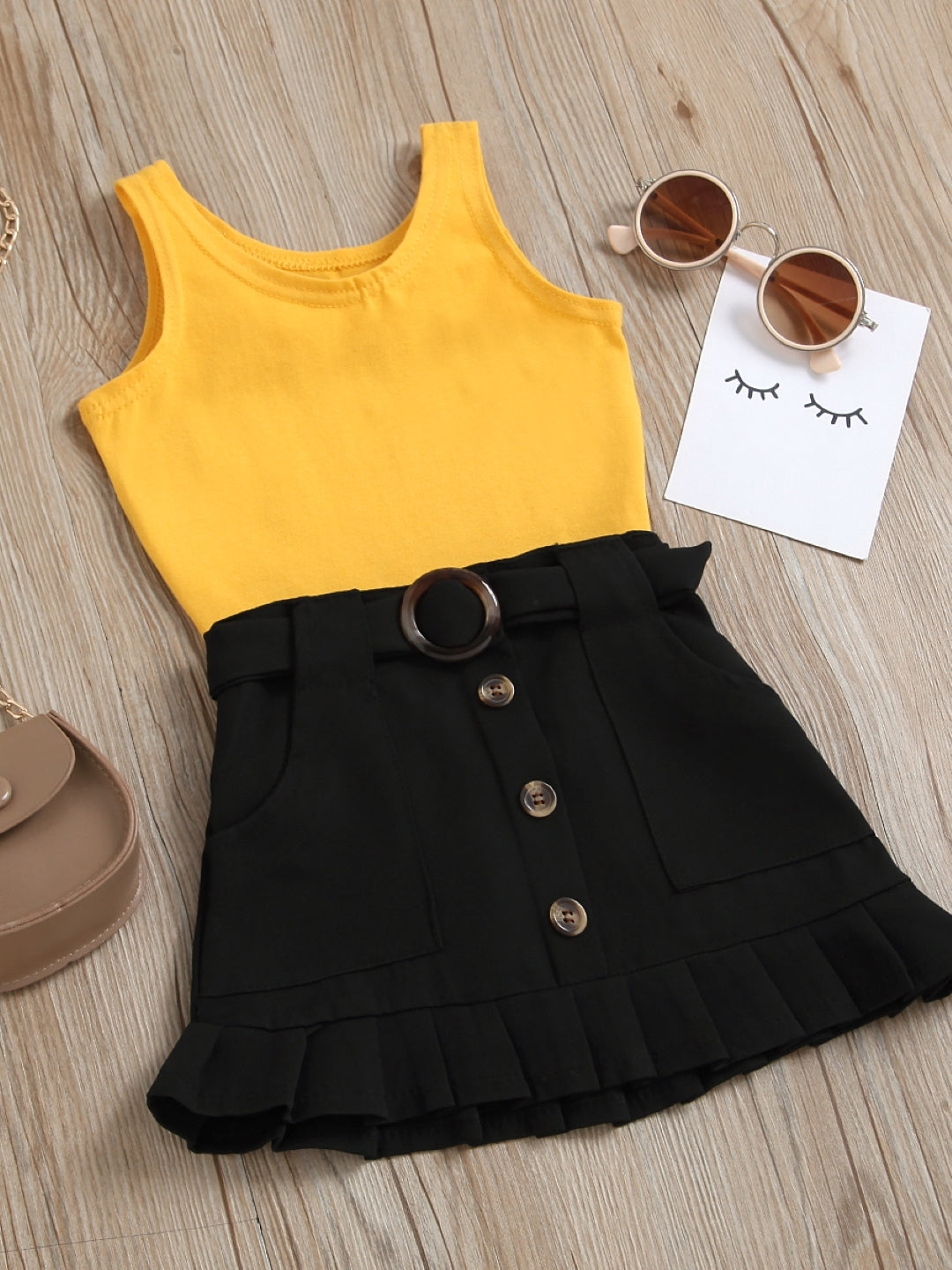 Yellow Round Neck Sleeveless Solid Top & Skirt Polyester Set