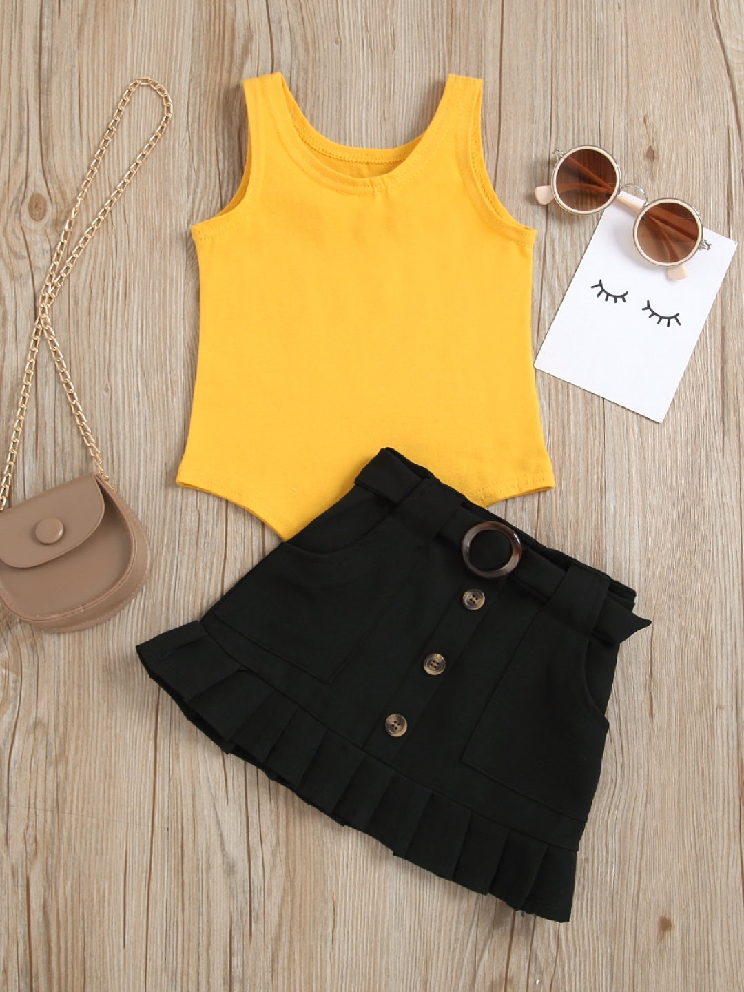 Yellow Round Neck Sleeveless Solid Top & Skirt Polyester Set