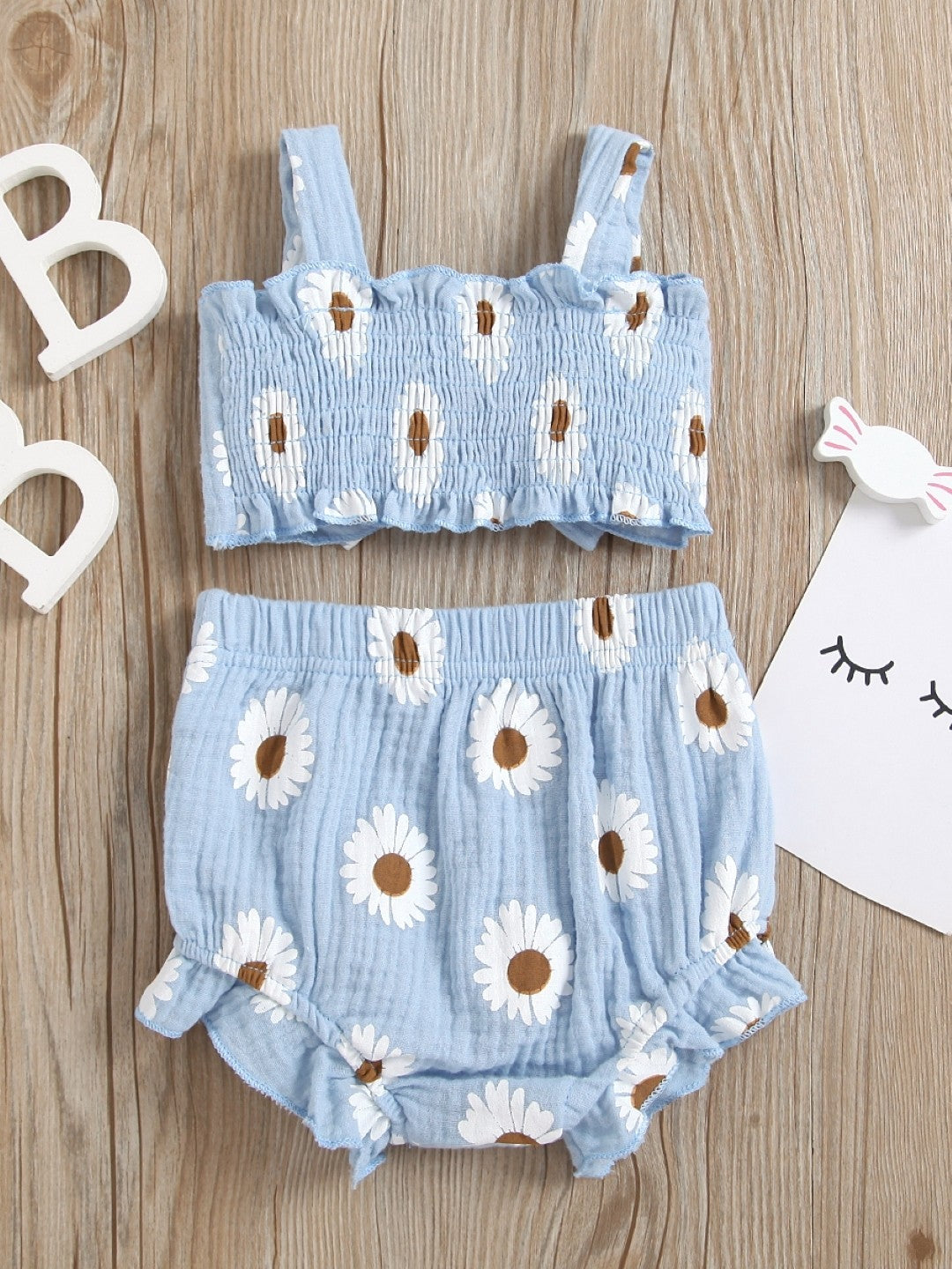 Blue Shoulder Straps Sleeveless Printed Top & Shorts Polyester Set