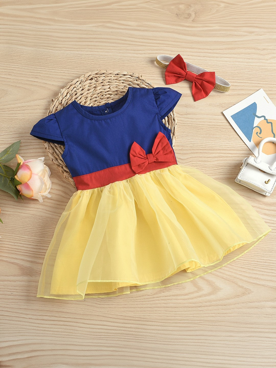 Blue A-Line Round Neck Colourblocked Short Sleeves Polyester Dress