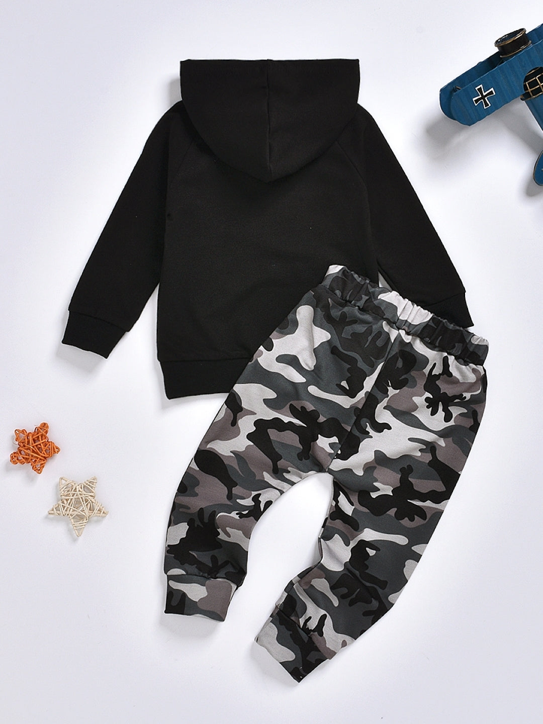 Black Hood Long Sleeves Printed Top & Trousers Polyester Set