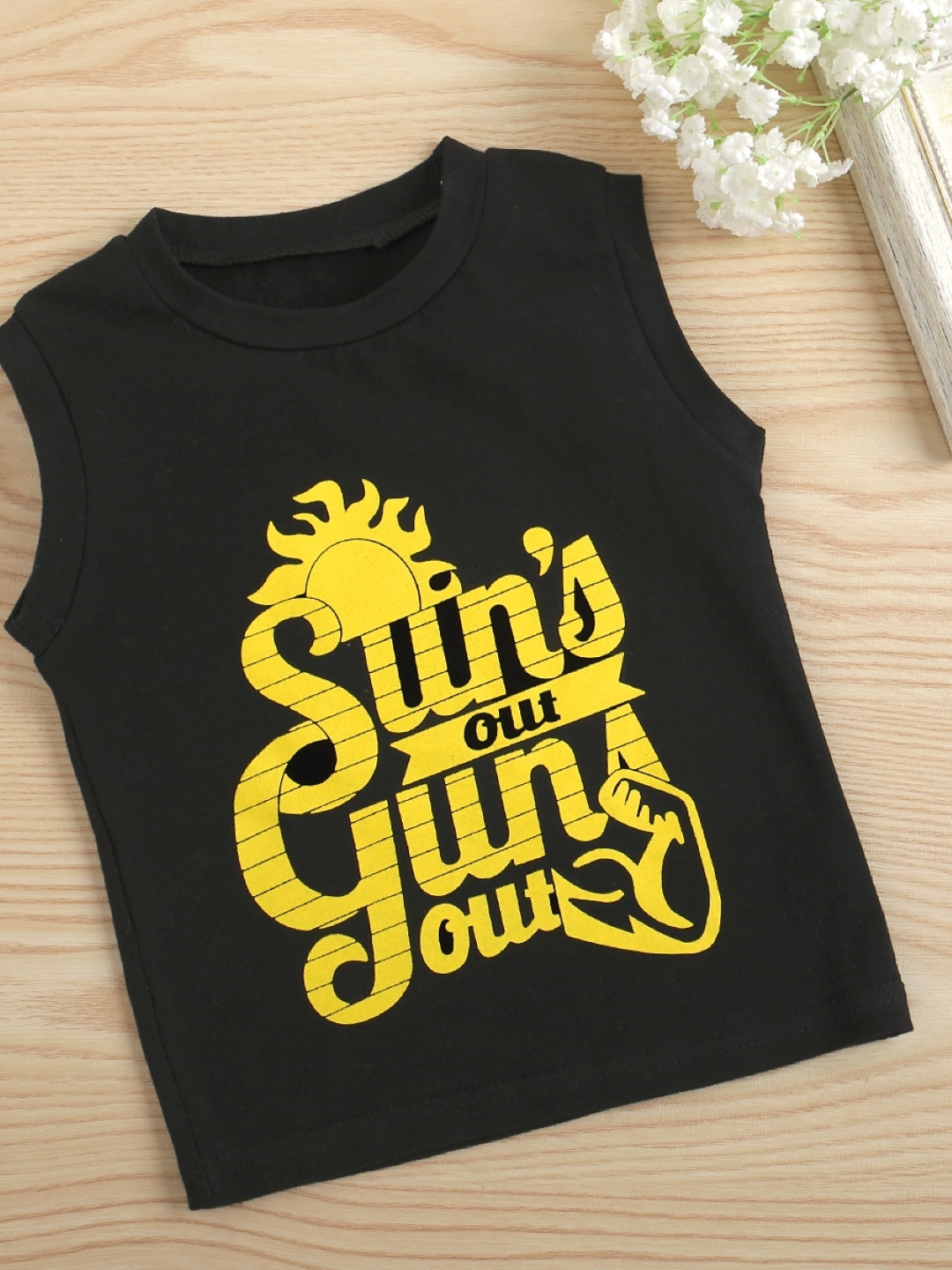 Black Round Neck Sleeveless Typography Polyester Top