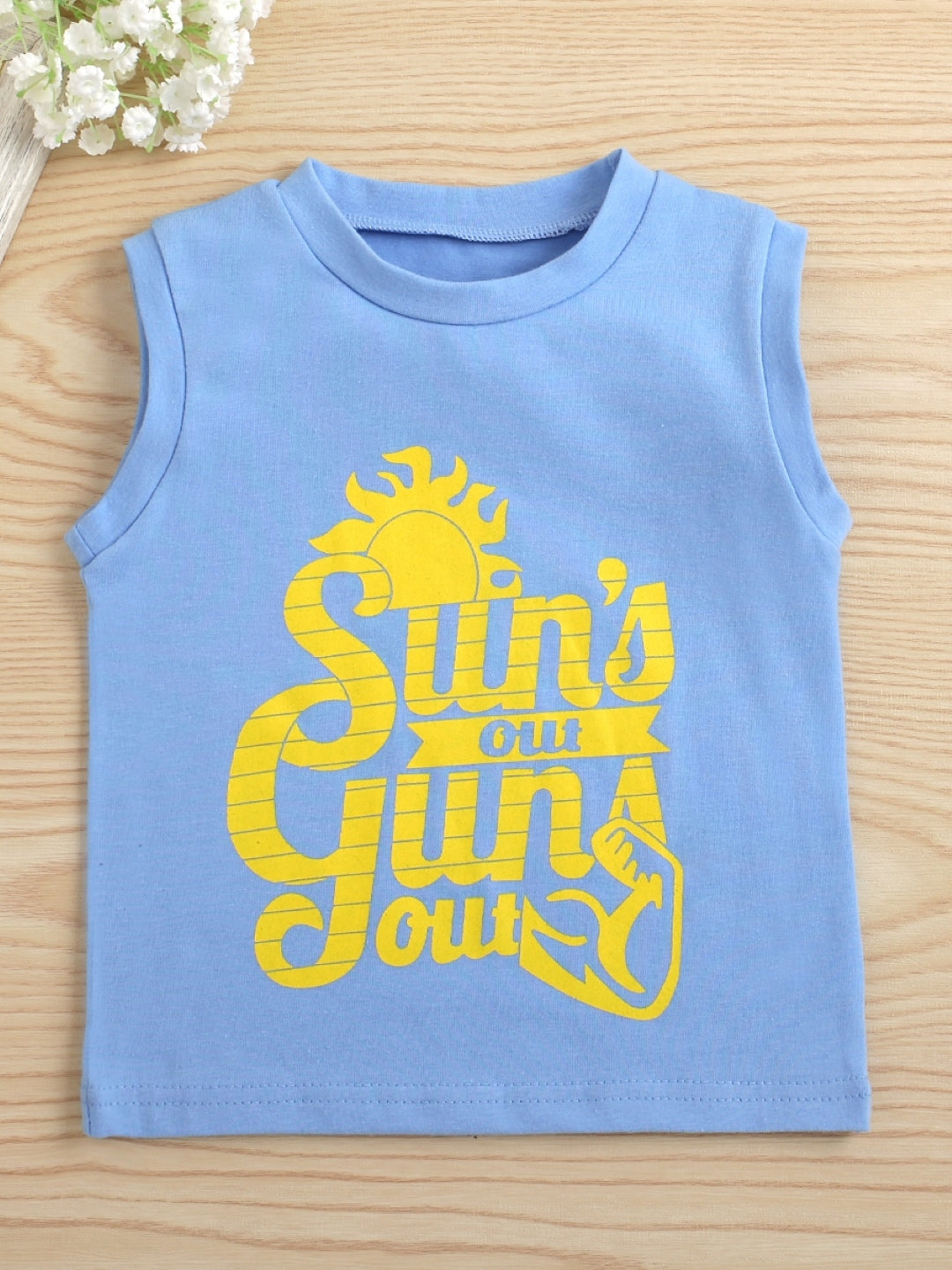 Blue Round Neck Sleeveless Typography Polyester Top