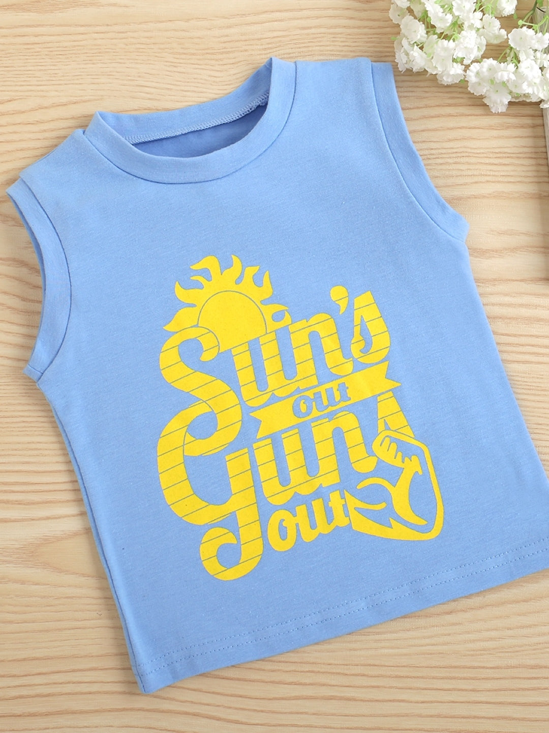 Blue Round Neck Sleeveless Typography Polyester Top