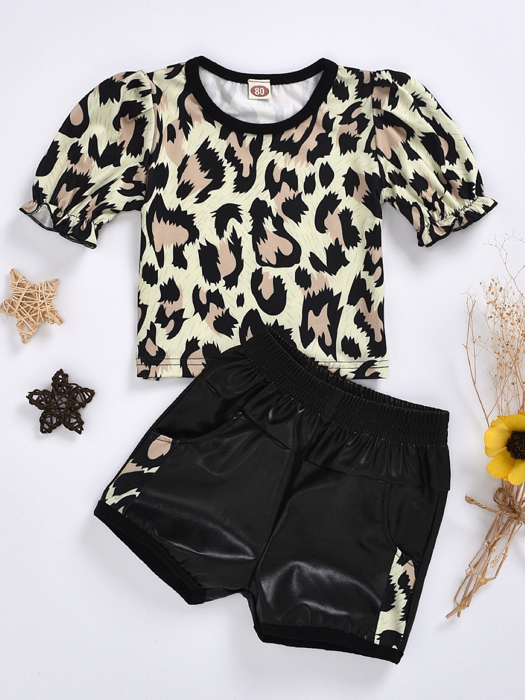 Black Round Neck Short Sleeves Printed Top & Shorts Polyester Set