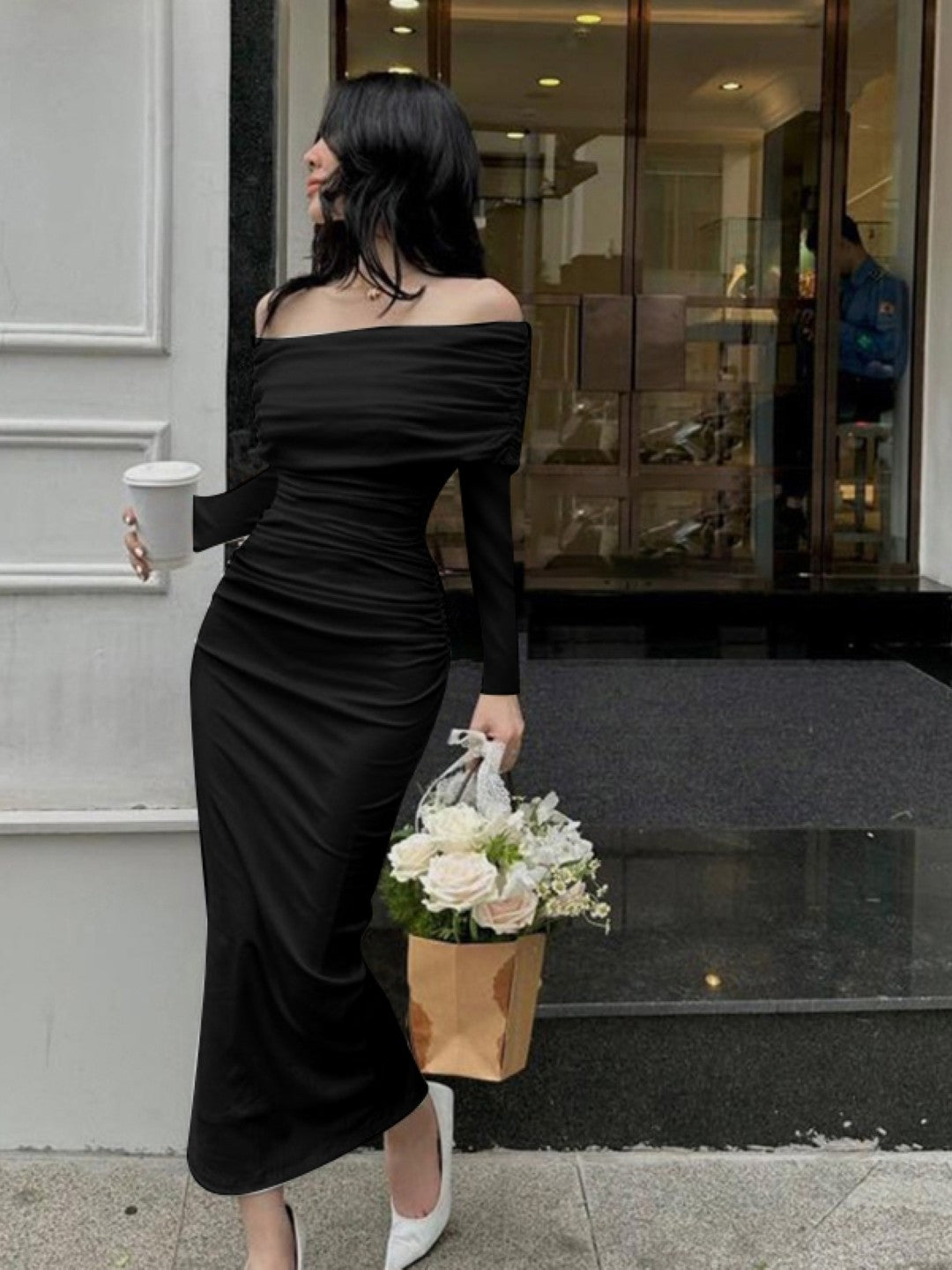 Black Off-Shoulder Solid Bodycon Long Sleeves Polyester Dress