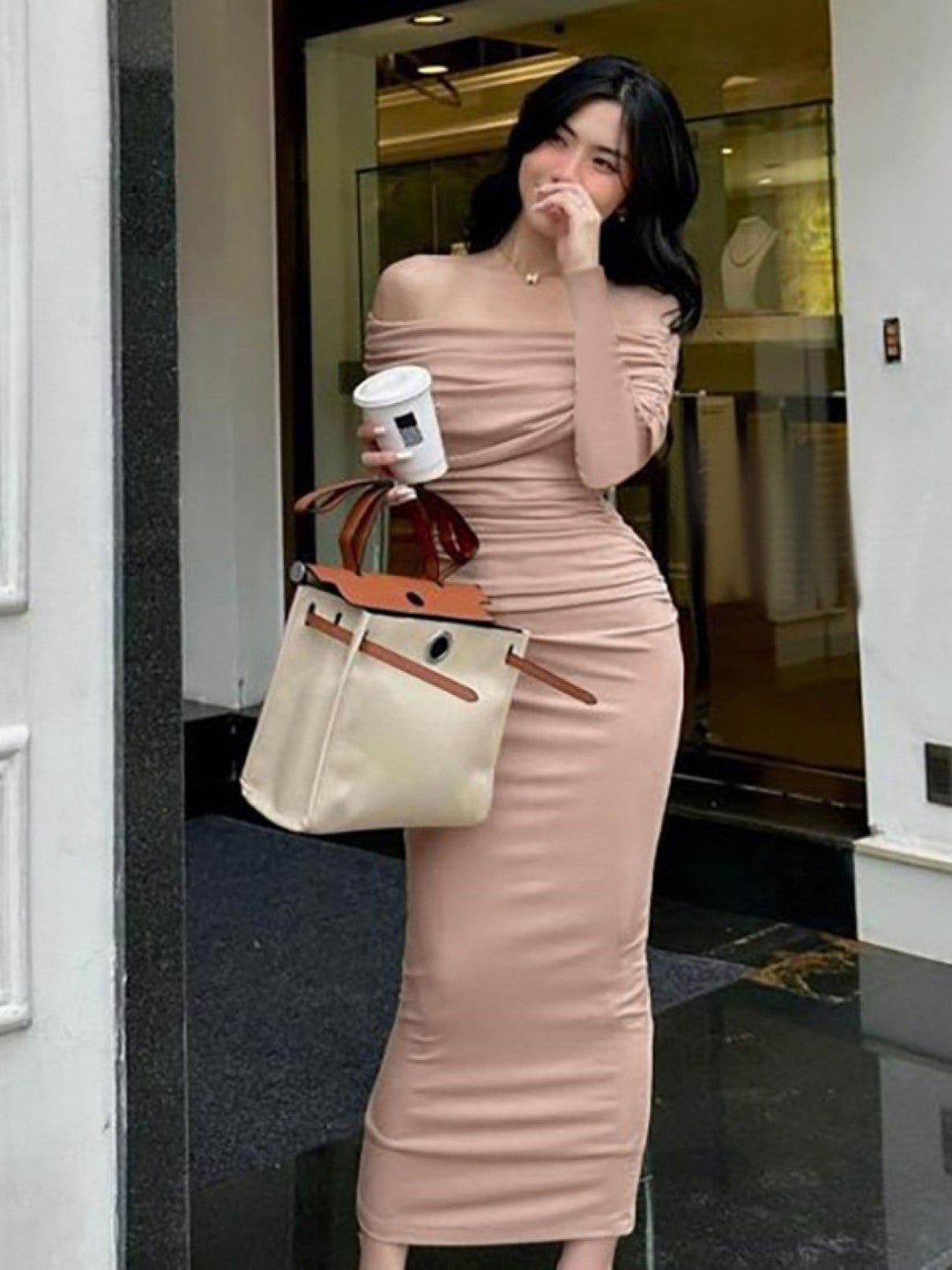 Pink Off-Shoulder Solid Bodycon Long Sleeves Polyester Dress