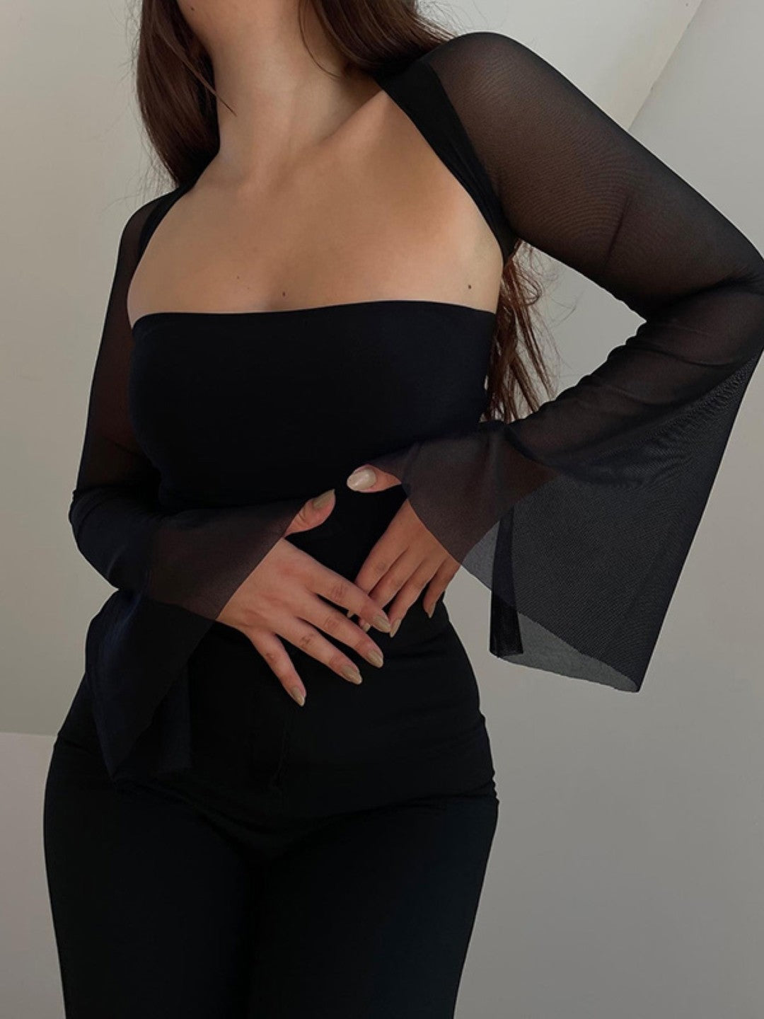 Black Off-Shoulder Solid Long Sleeves Polyester Casual Top