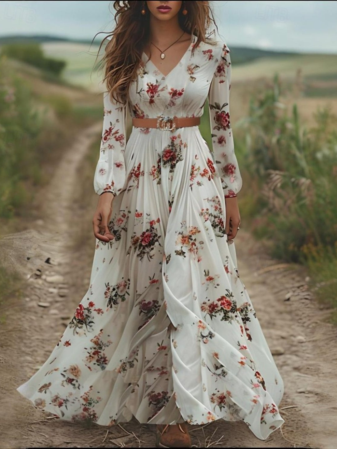 Elegant Floral Long Sleeve Maxi Dress in White