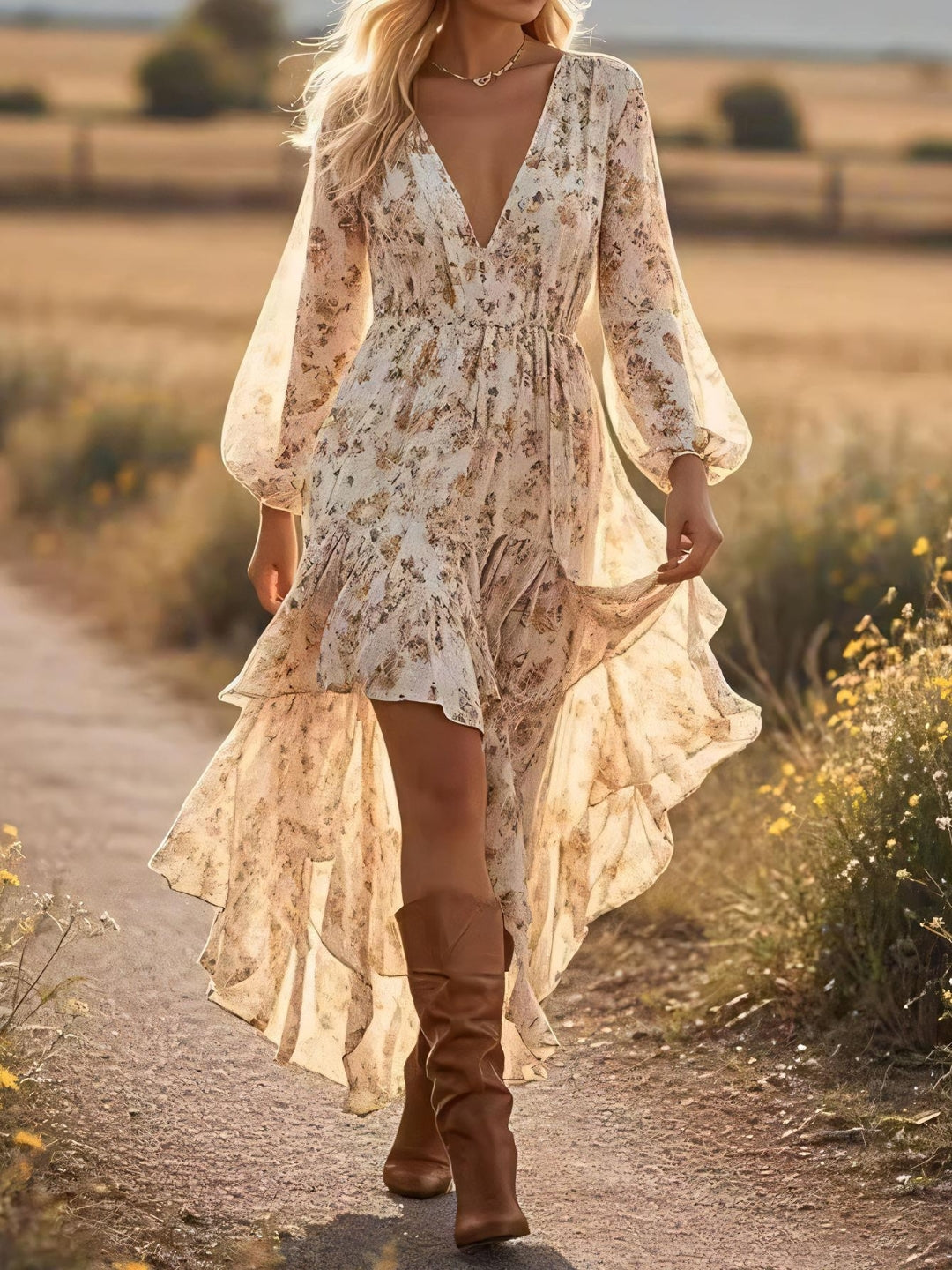 Boho Floral High-Low Chiffon Dress ?Cream