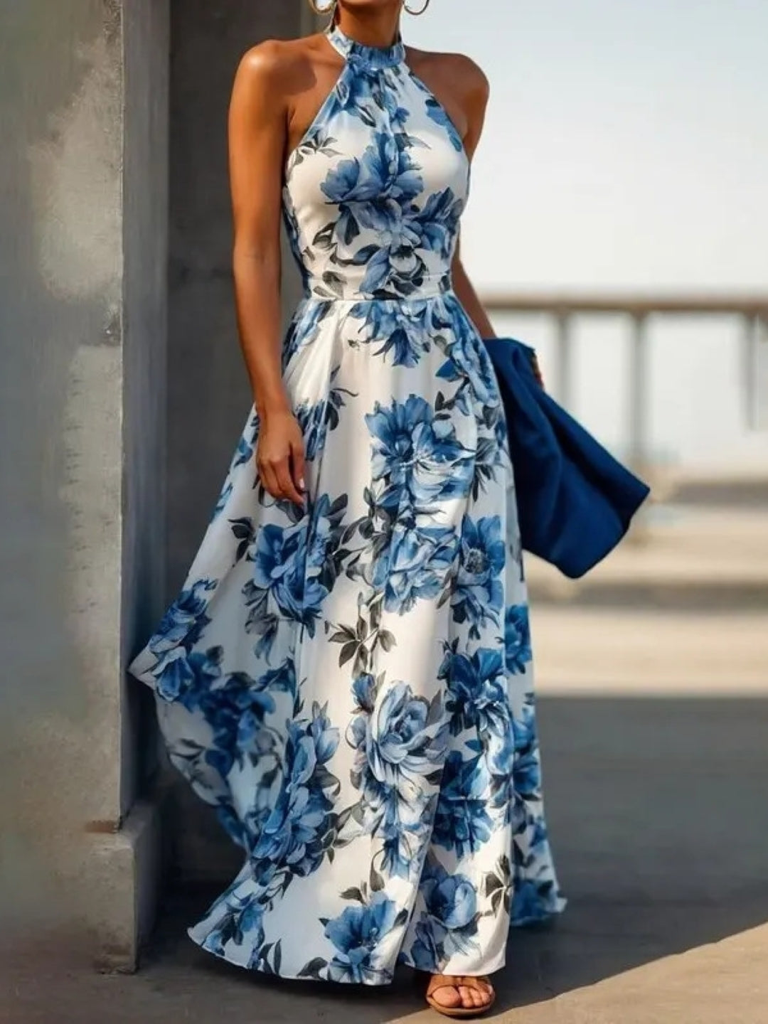 Blue Floral Halter Neck Maxi Dress