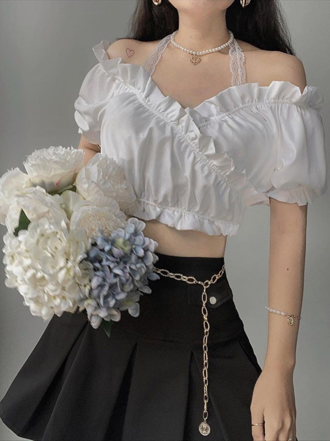 White Shoulder Straps Solid Short Sleeves Polyester Top