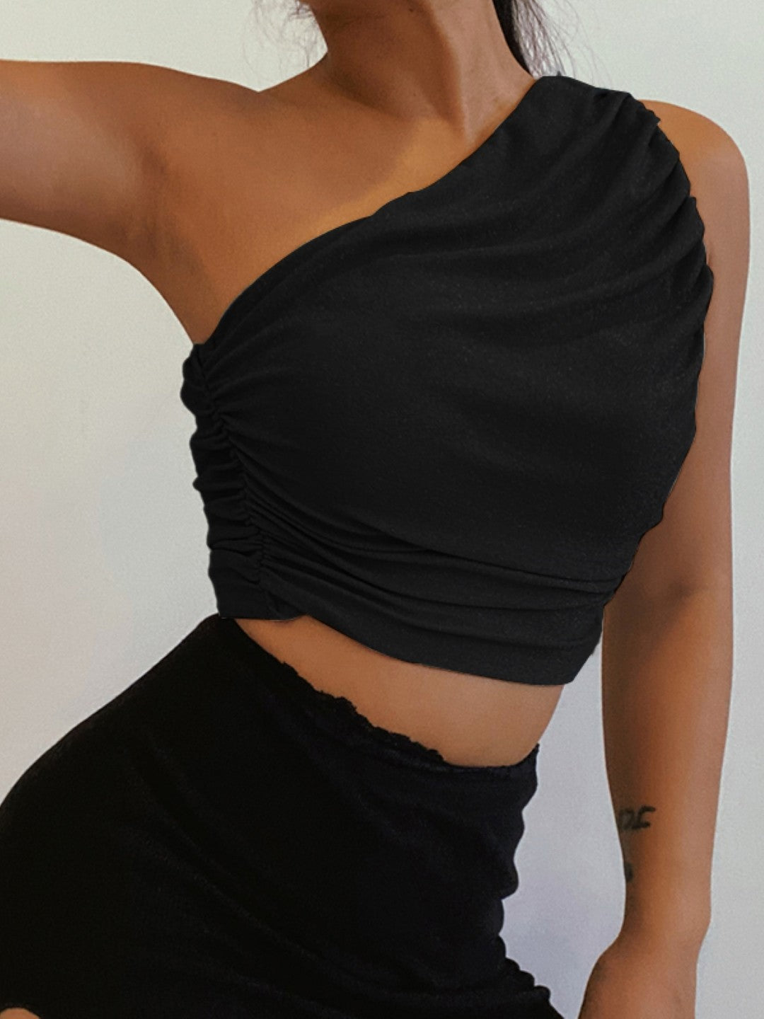 Black One Shoulder Solid Sleeveless Polyester Casual Top