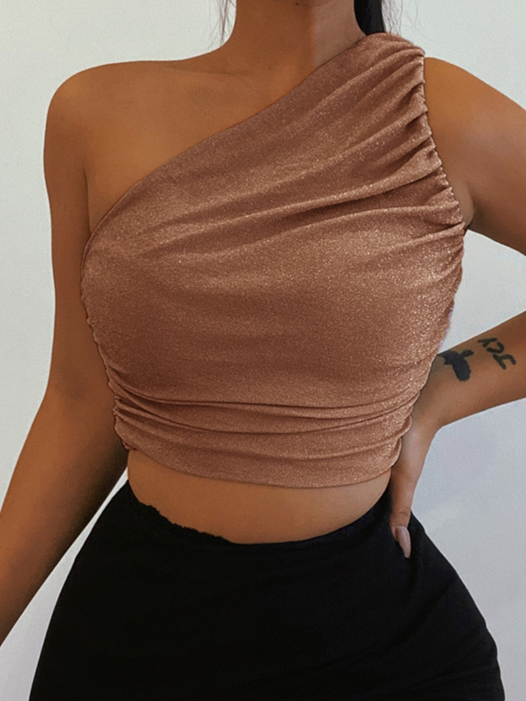 Dark Pink One Shoulder Solid Sleeveless Polyester Casual Top