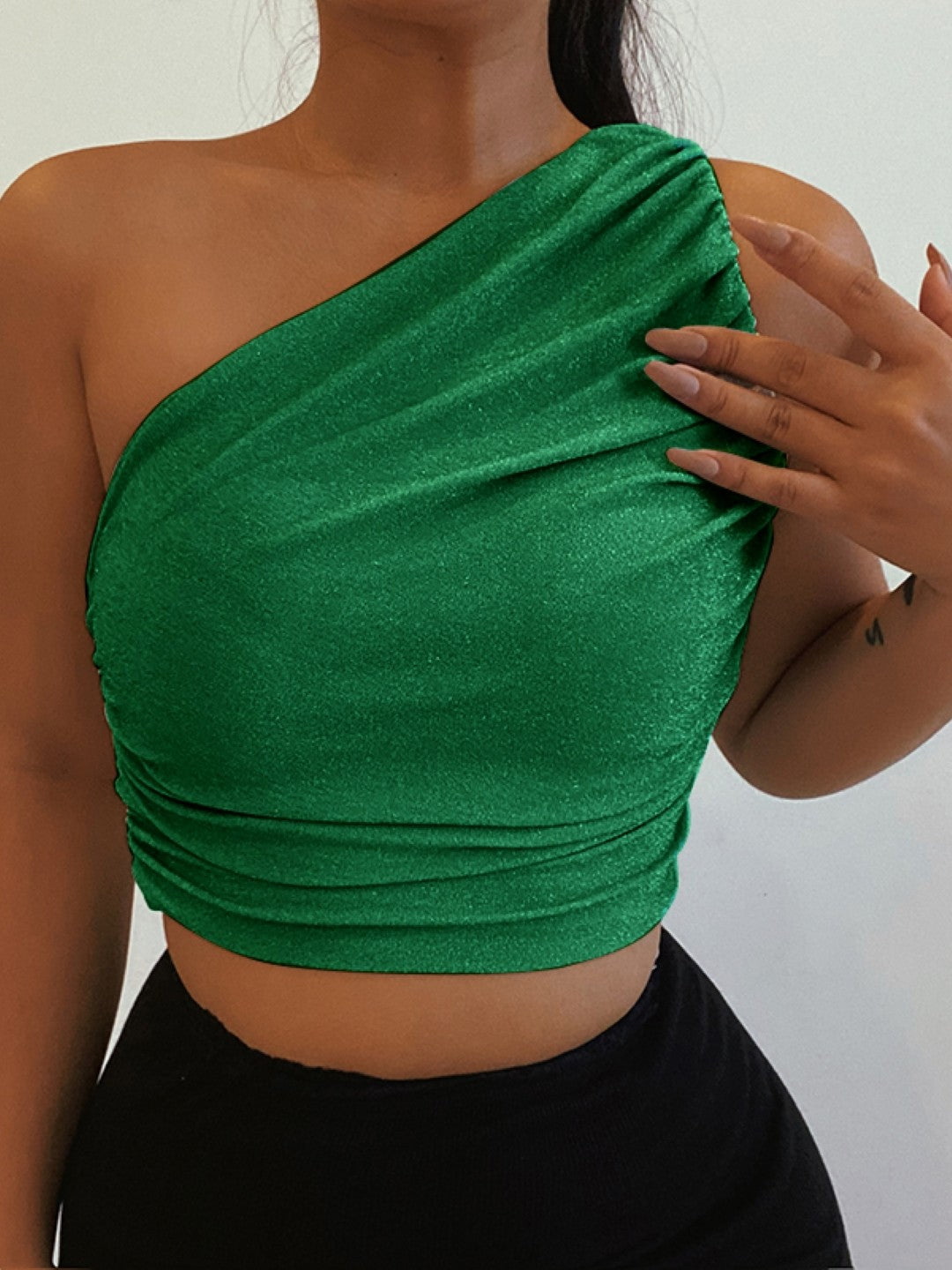 Green One Shoulder Solid Sleeveless Polyester Casual Top