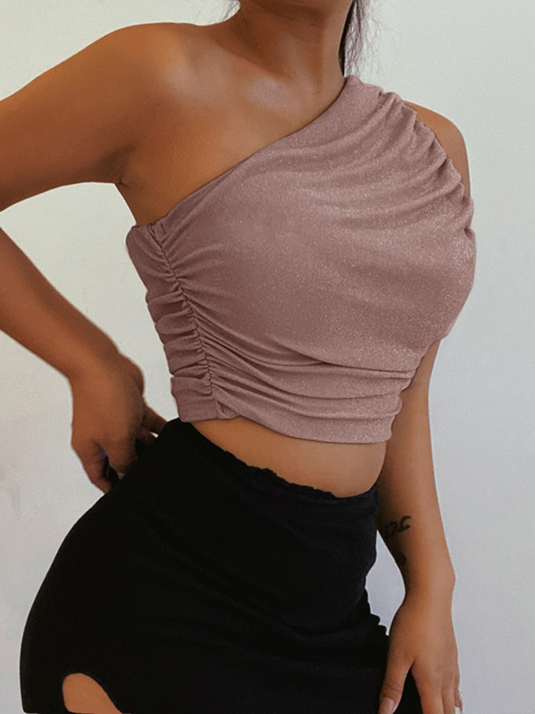 Pink One Shoulder Solid Sleeveless Polyester Casual Top