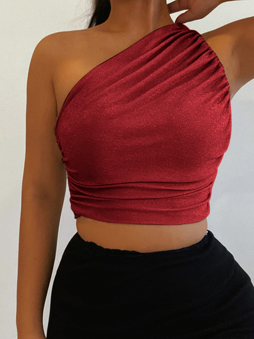 Red One Shoulder Solid Sleeveless Polyester Casual Top