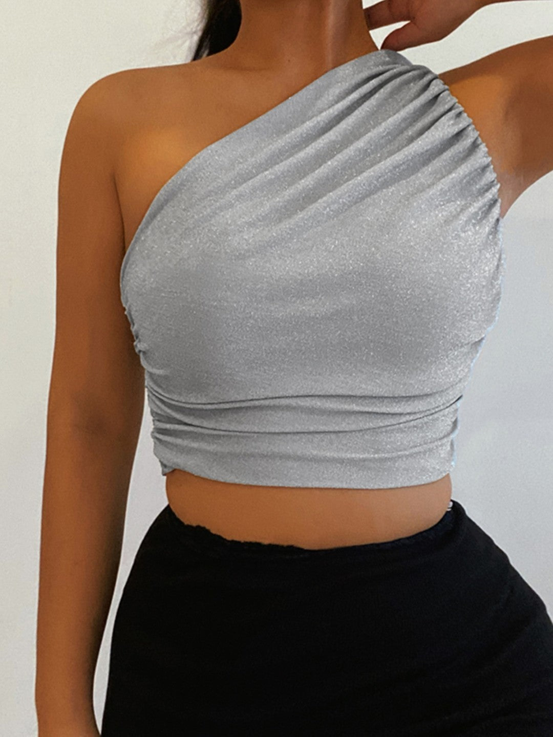 Silver One Shoulder Solid Sleeveless Polyester Casual Top