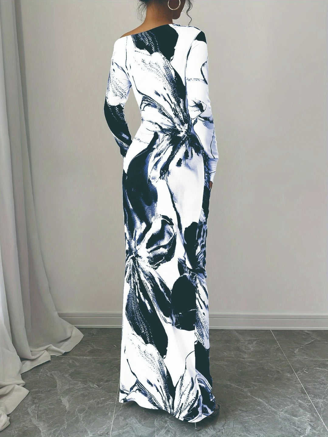 Navy Abstract Floral Bodycon Maxi Dress