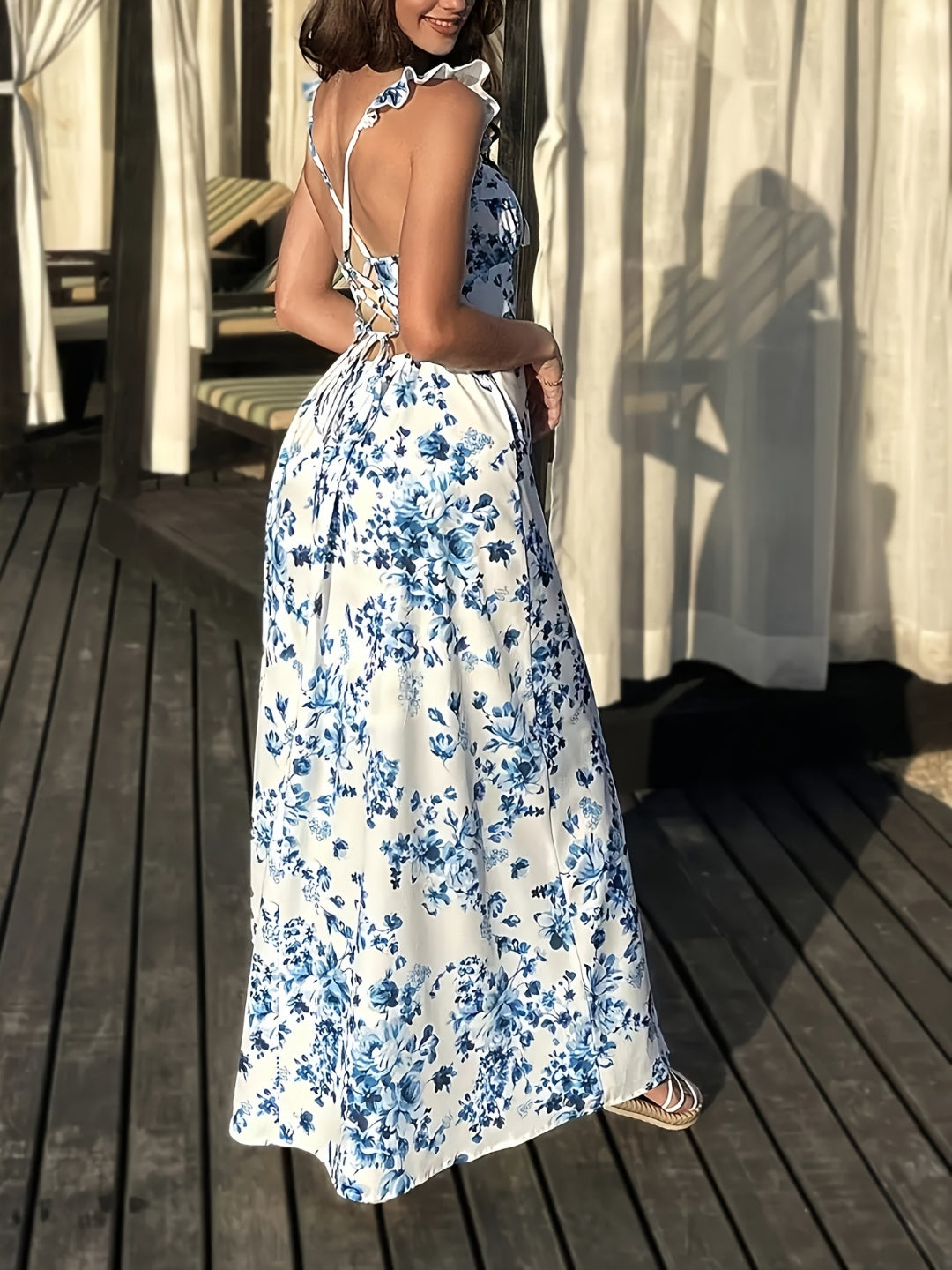 Blue Floral Ruffle Strap Summer Maxi Dress