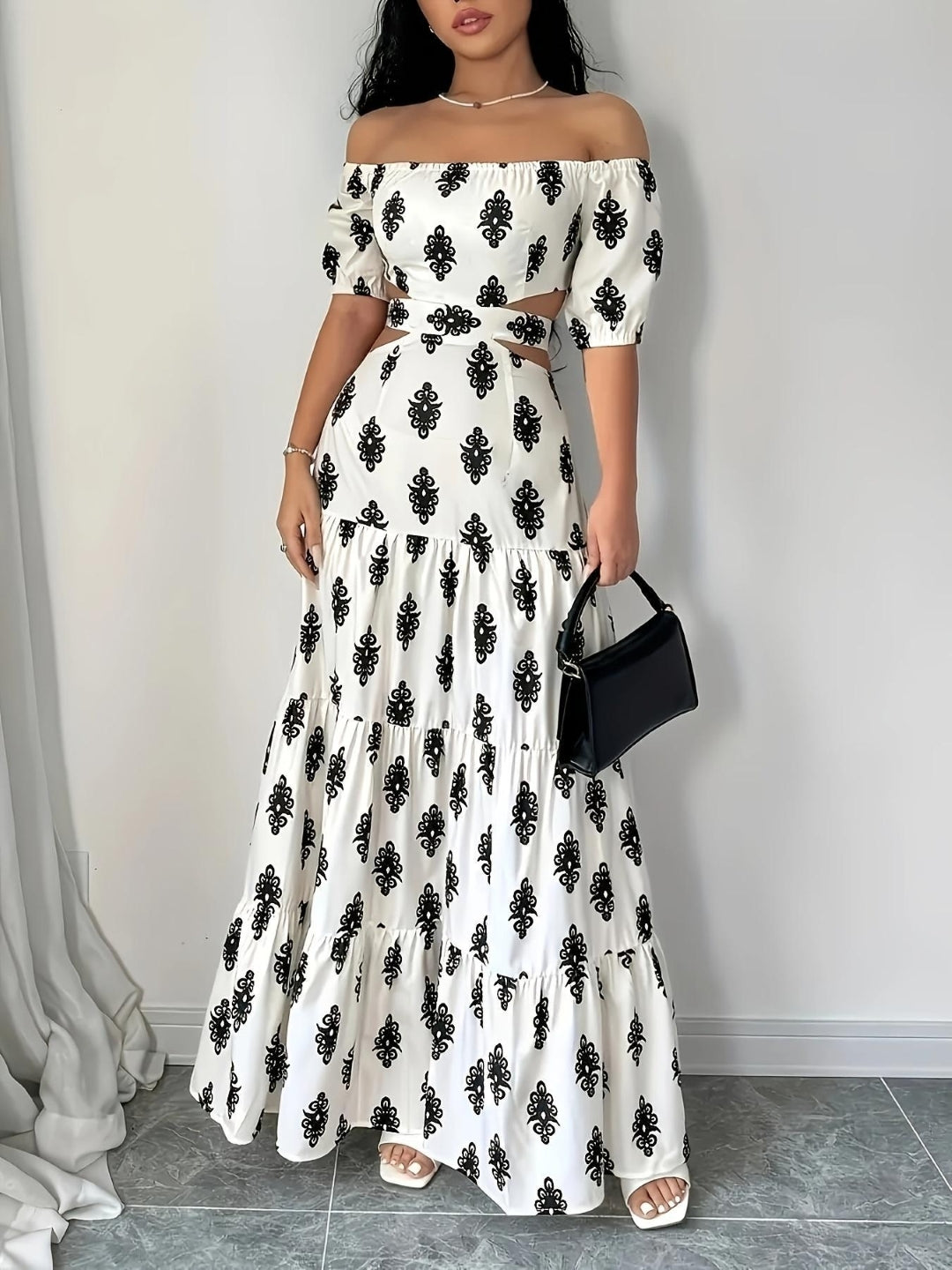 White & Black Off-Shoulder Cutout Maxi Dress