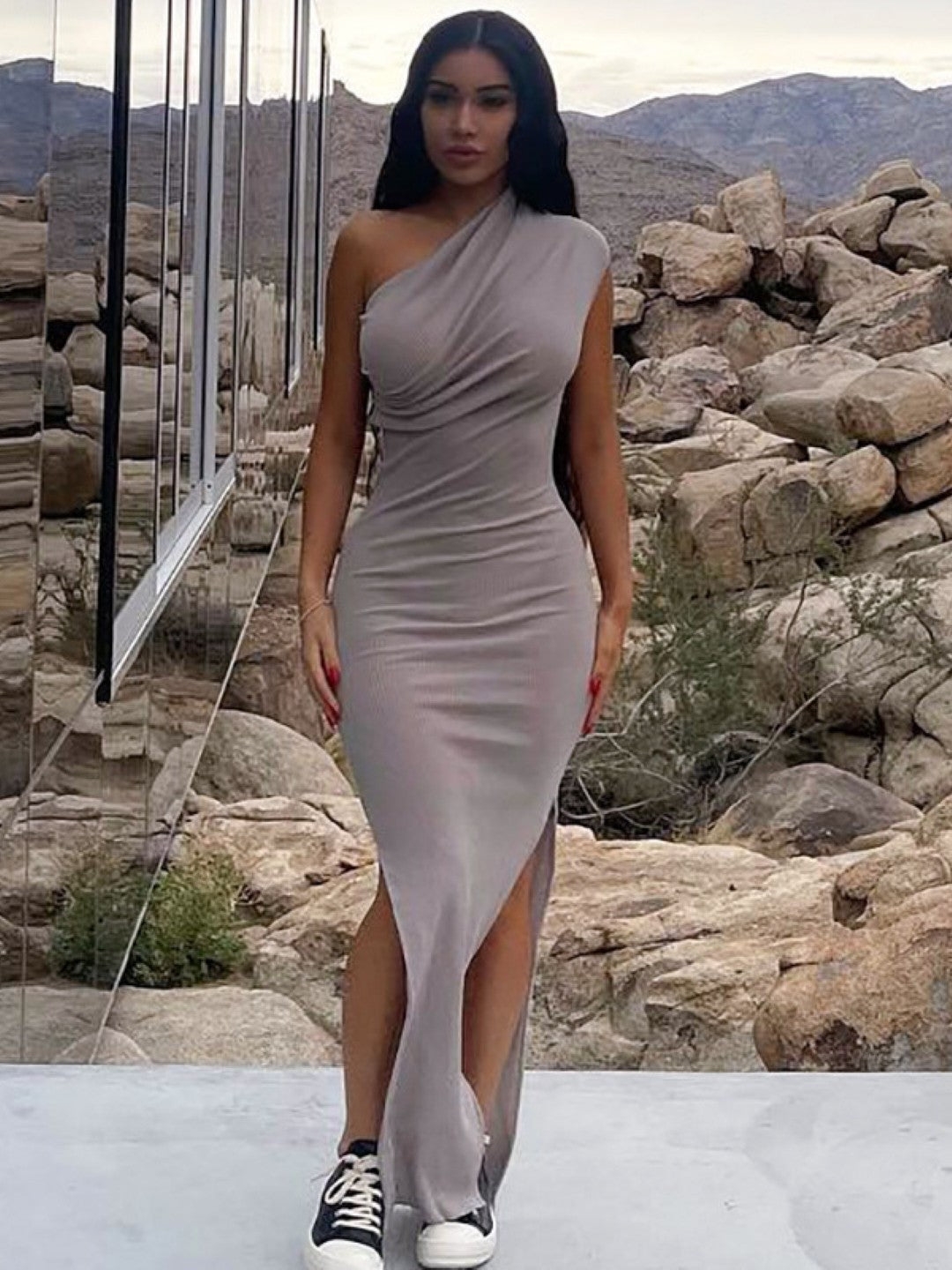 Grey One Shoulder Bodycon Sleeveless Solid Maxi Polyester Dress