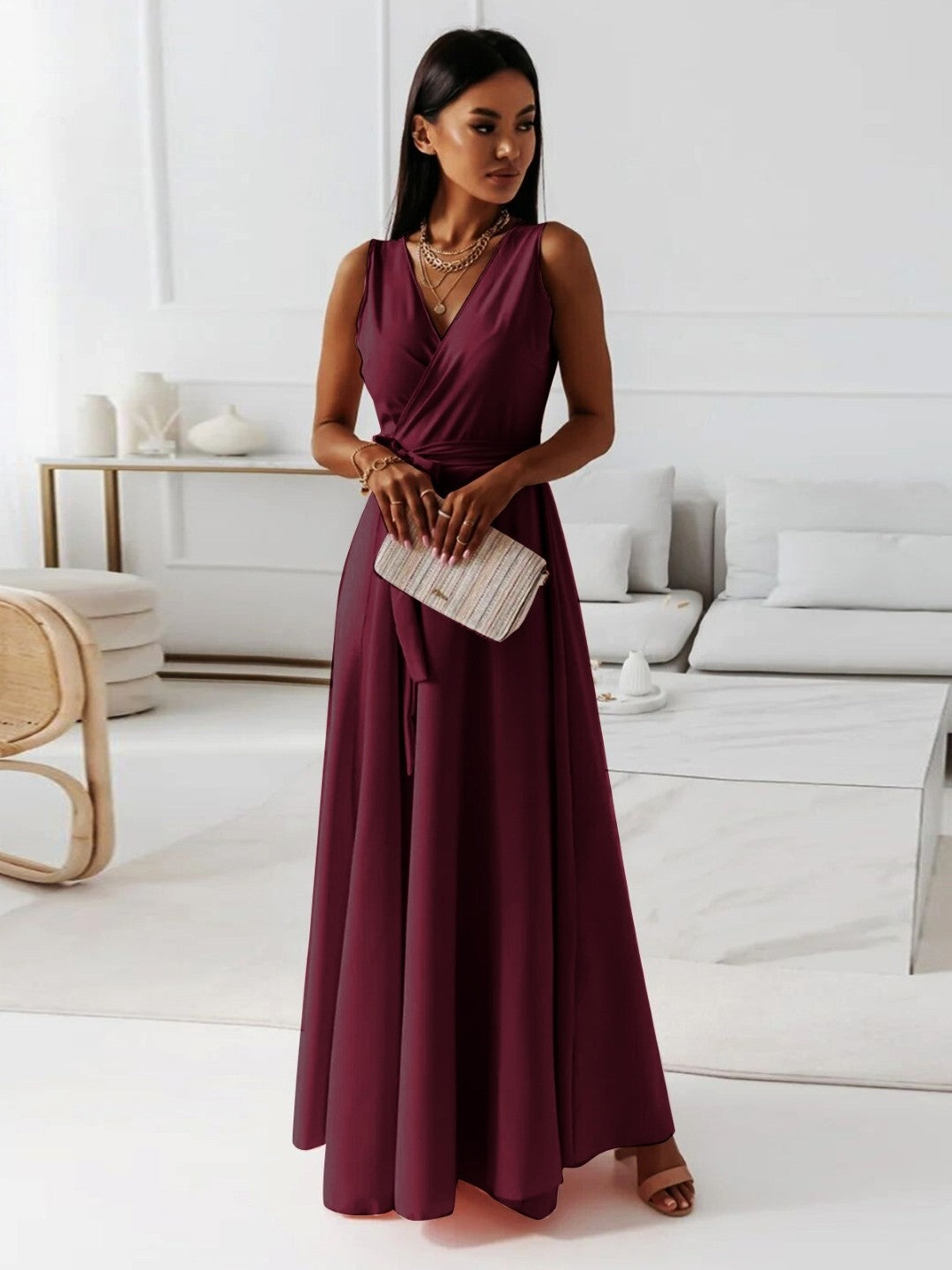 Burgundy V-Neck A-Line Sleeveless Solid Maxi Polyester Dress