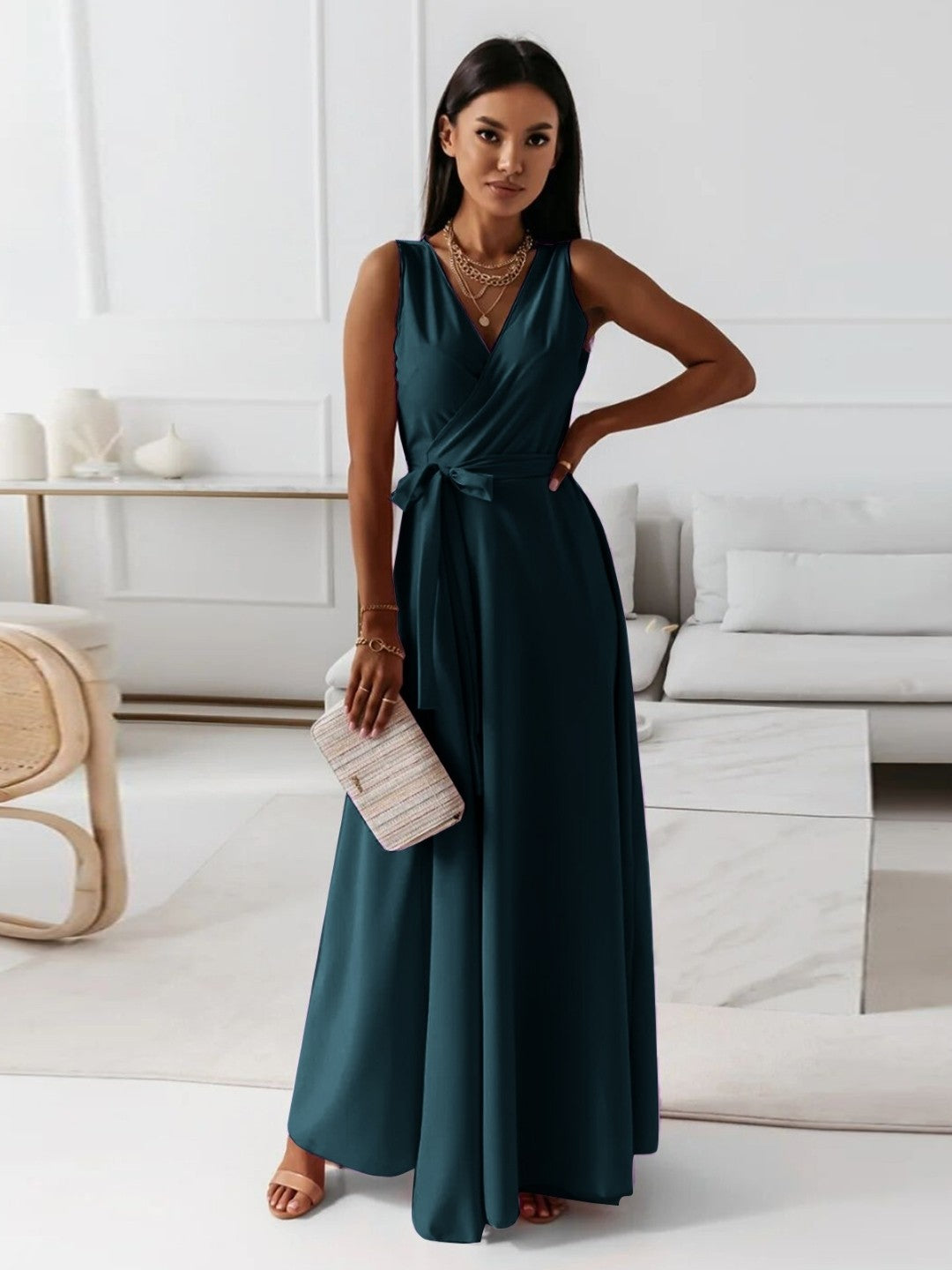 Green V-Neck A-Line Sleeveless Solid Maxi Polyester Dress