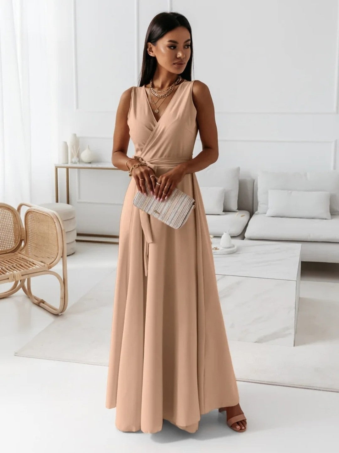 Khaki V-Neck A-Line Sleeveless Solid Maxi Polyester Dress