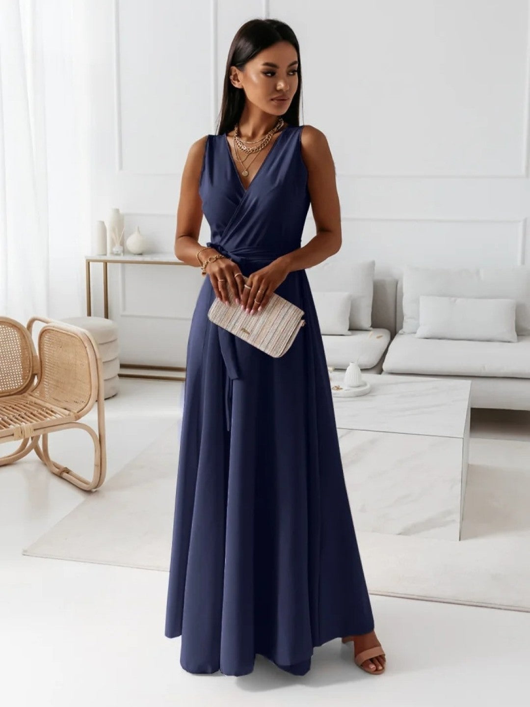 Navy Blue V-Neck A-Line Sleeveless Solid Maxi Polyester Dress