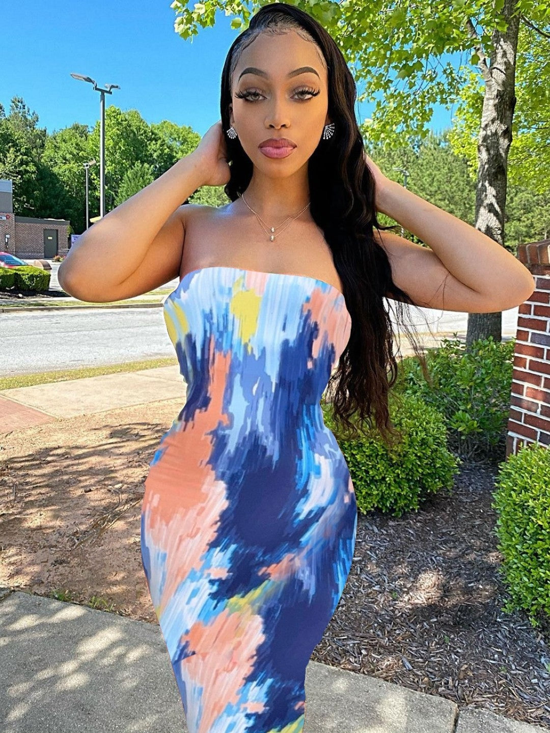 Blue Off-Shoulder Bodycon Sleeveless Abstract Maxi Polyester Dress