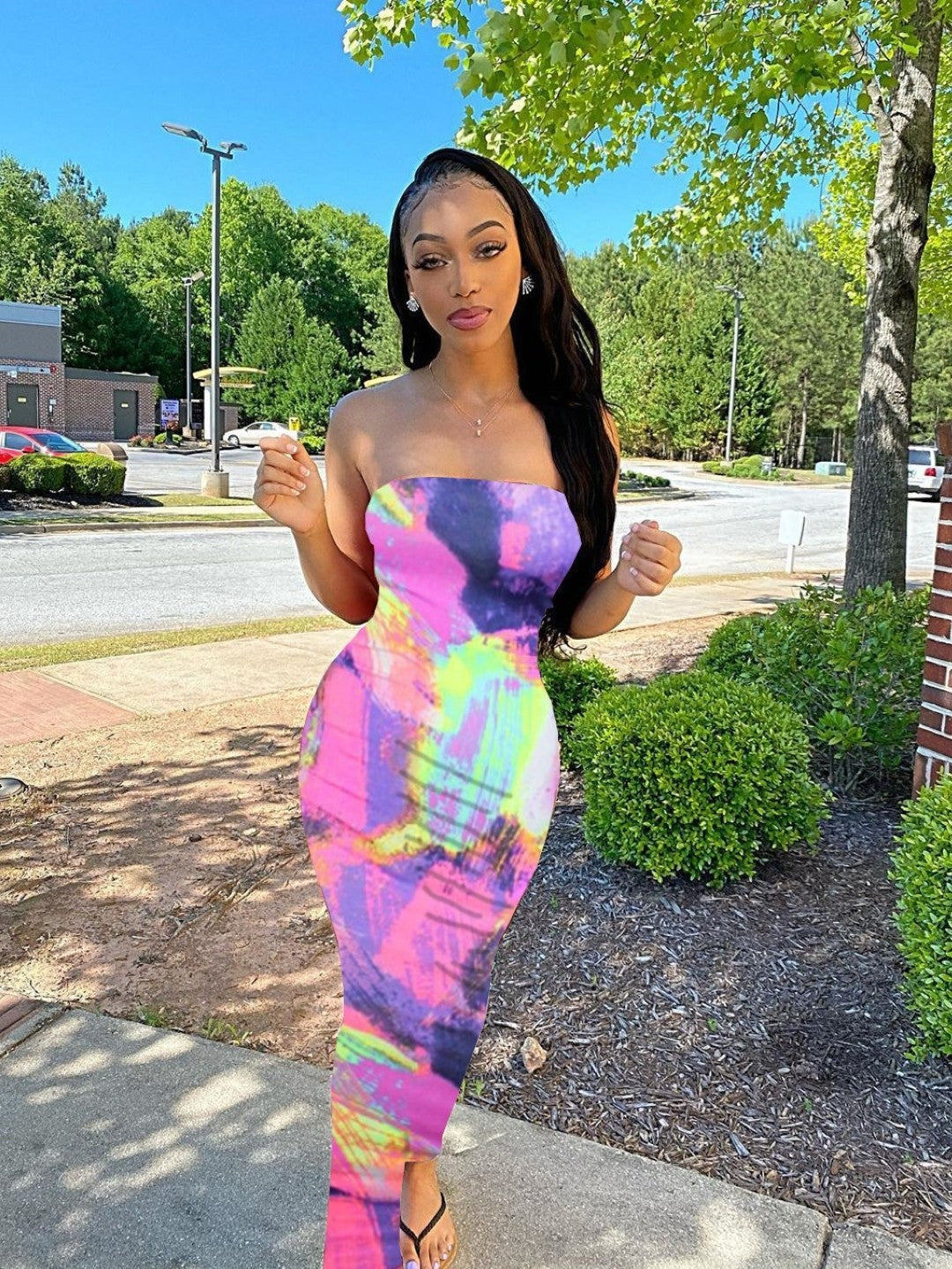 Pink Off-Shoulder Bodycon Sleeveless Abstract Maxi Polyester Dress