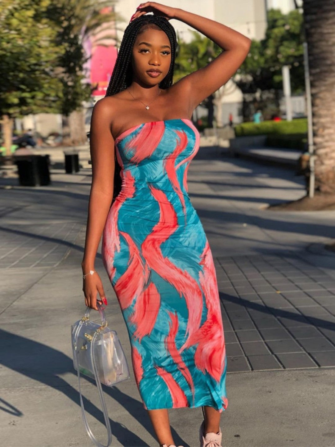 Red Blue Off-Shoulder Bodycon Sleeveless Abstract Maxi Polyester Dress