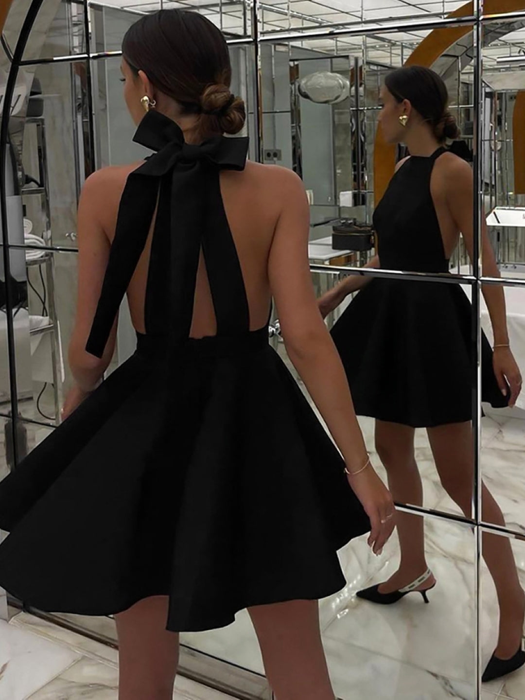 Black Halter Mini Dress with Back Bow Detail