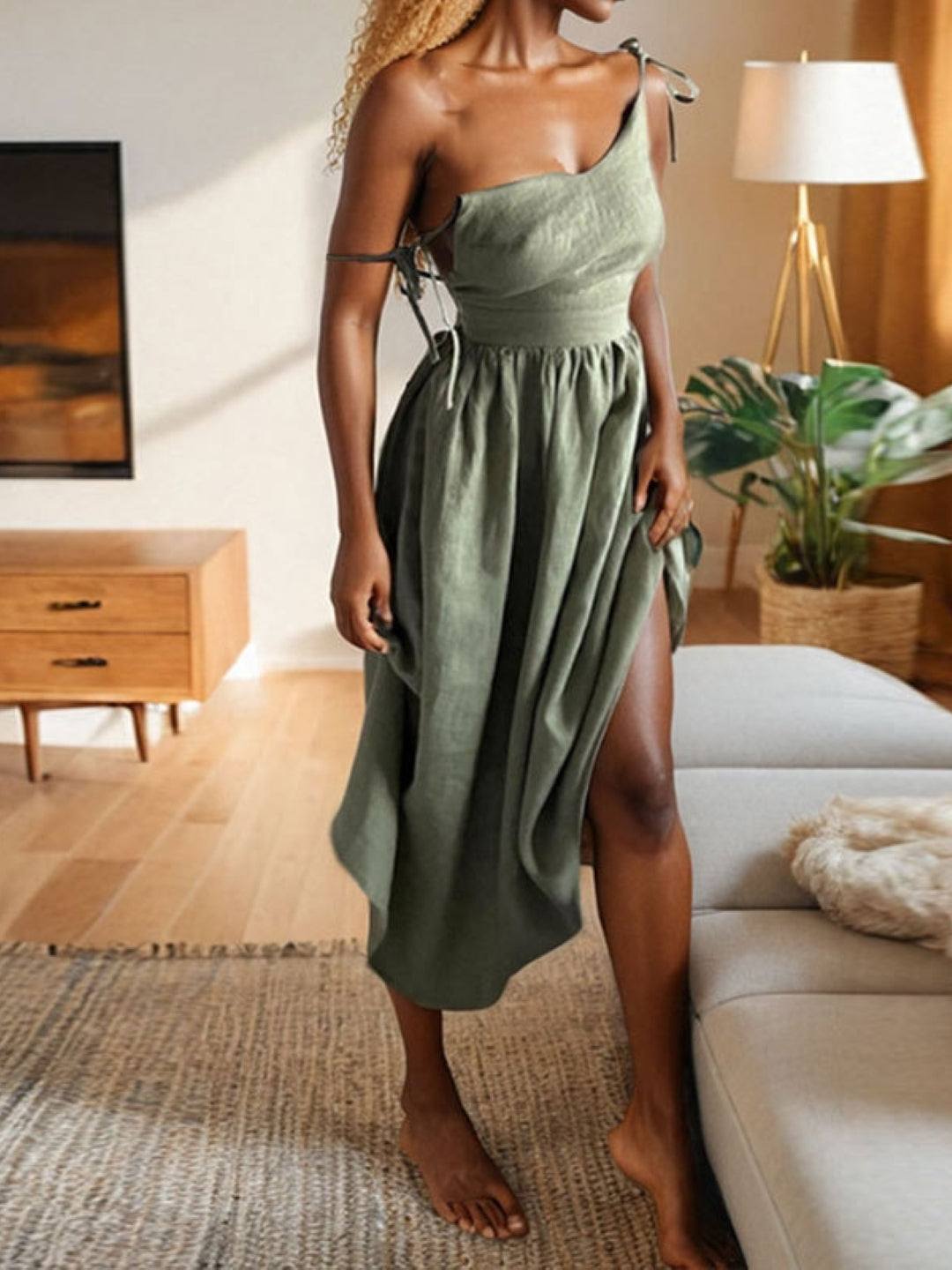 Green One-Shoulder Tie Midi Dress with Side Slit