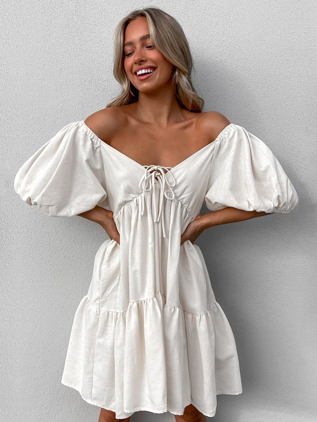 White Off-Shoulder Puff Sleeve Babydoll Dress