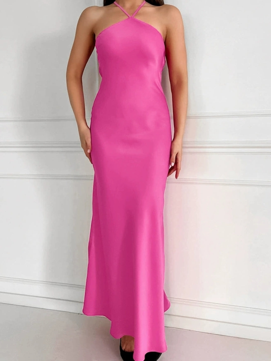 Crisscross Halter Satin Maxi Dress - Hot Pink
