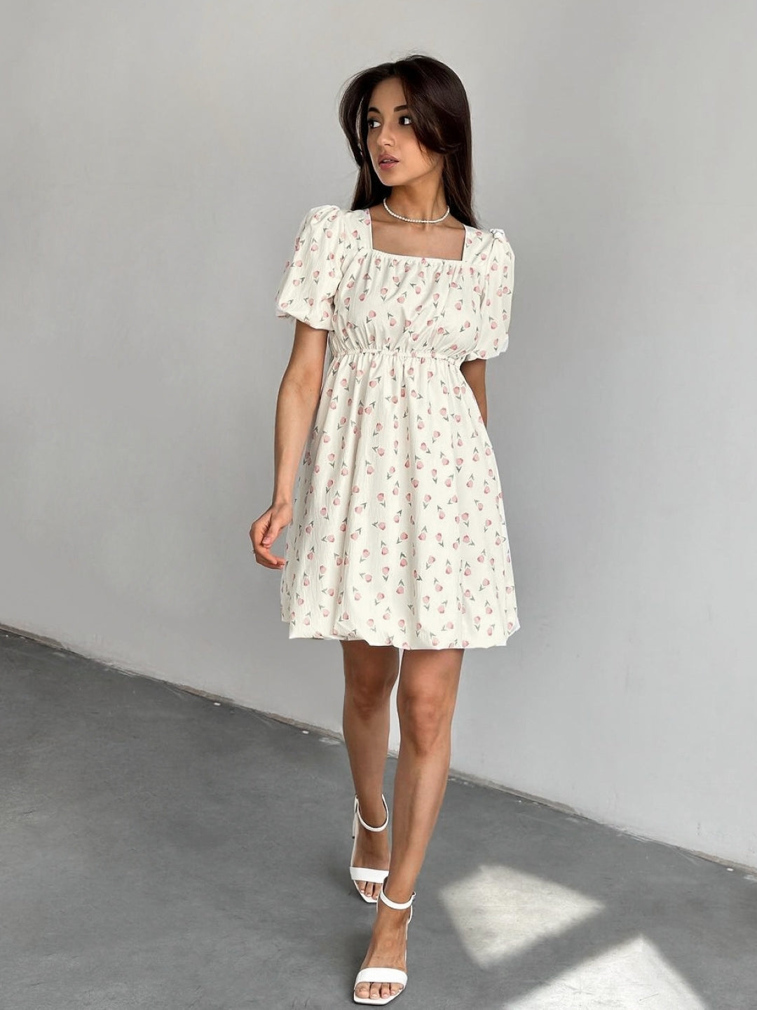 Puff Sleeve Floral Babydoll Dress - Cream
