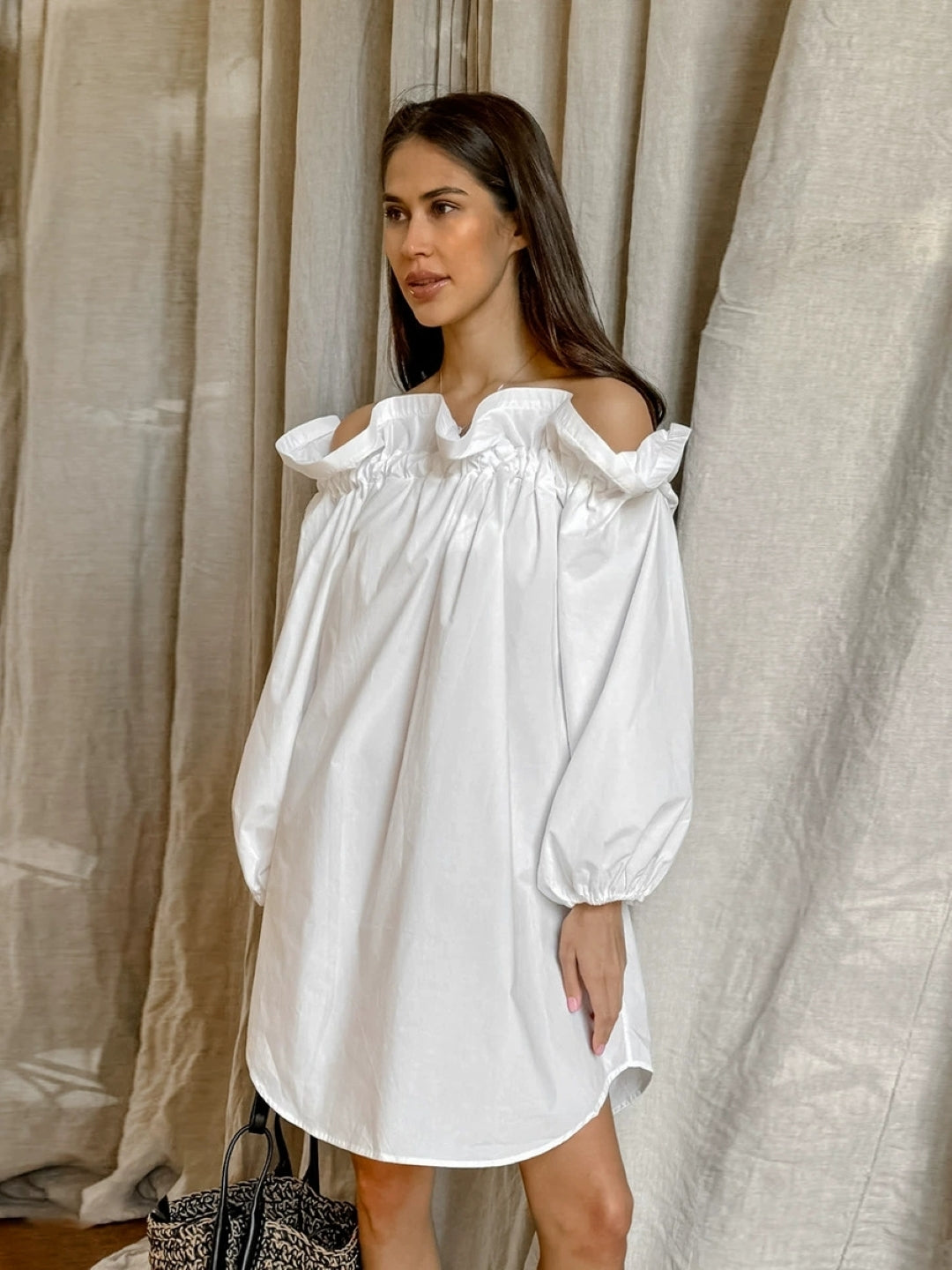Off-Shoulder Ruffle Mini Dress - White